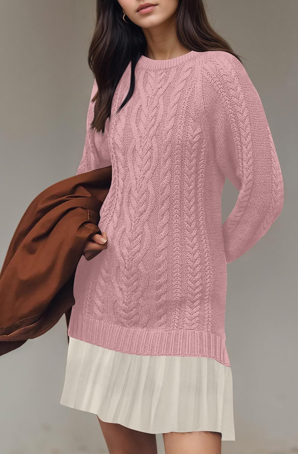 Cable Knit Sweater Mini Dress for Women Crew Neck Long Sleeve Patchwork Pleated Fall Casual Knit Dresses
