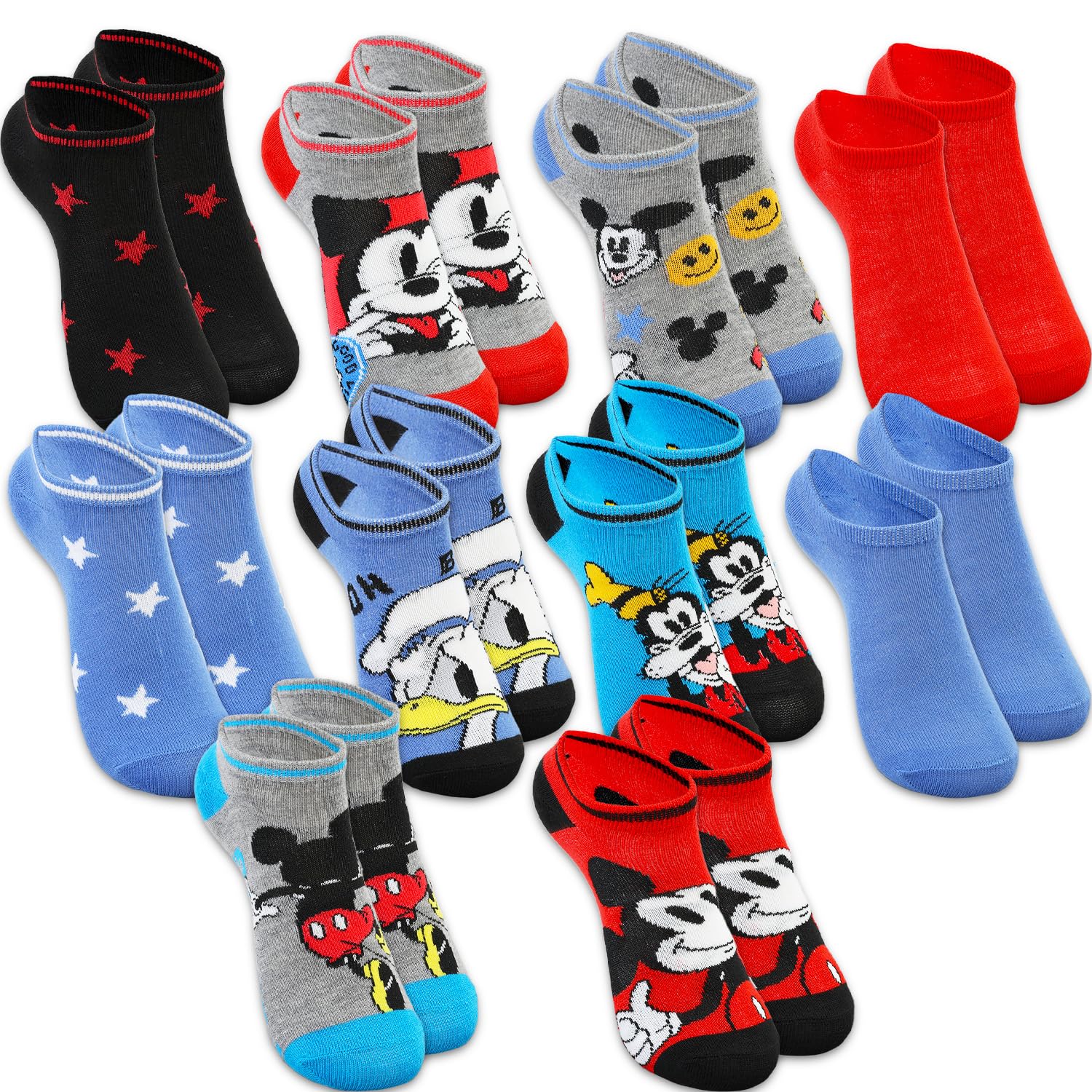 Micky-Maus-Socken für Jungen, Mädchen, Teenager, Disney Bekleidung für Kinder im Alter von 6–8 Jahren, Bündel mit 10 Paar Disney Socken, Größe 10–4, Kinder plus Aufkleber, Micky-Maus-Kleidung für