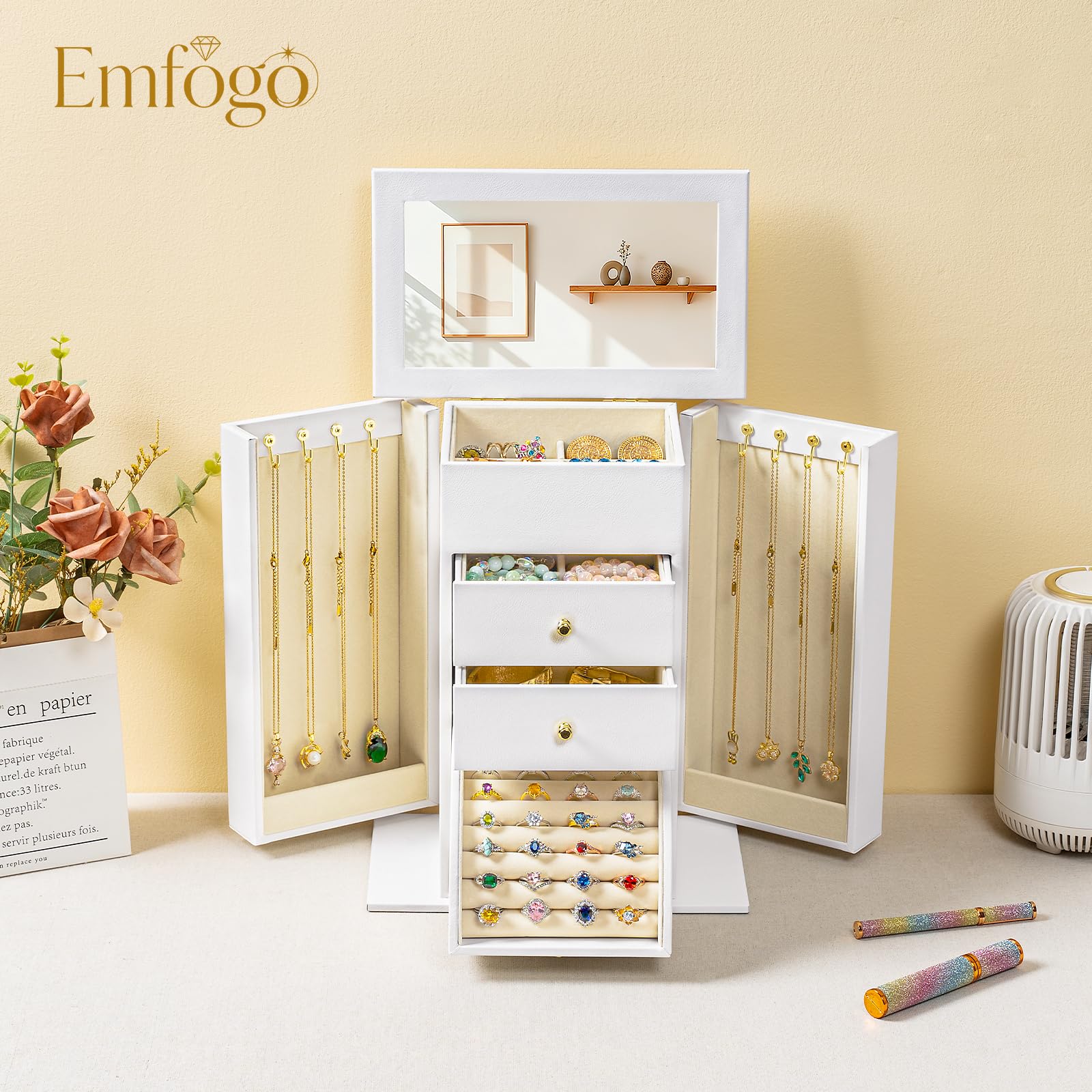 Schmuckkästchen, Schmuckaufbewahrung, Leder Groß Schmuckkasten Organizer mit Spiegel, 4 Ebenen Schmuckbox für Ringe, Ohrringe, Halsketten, Armbänder (Weiß)