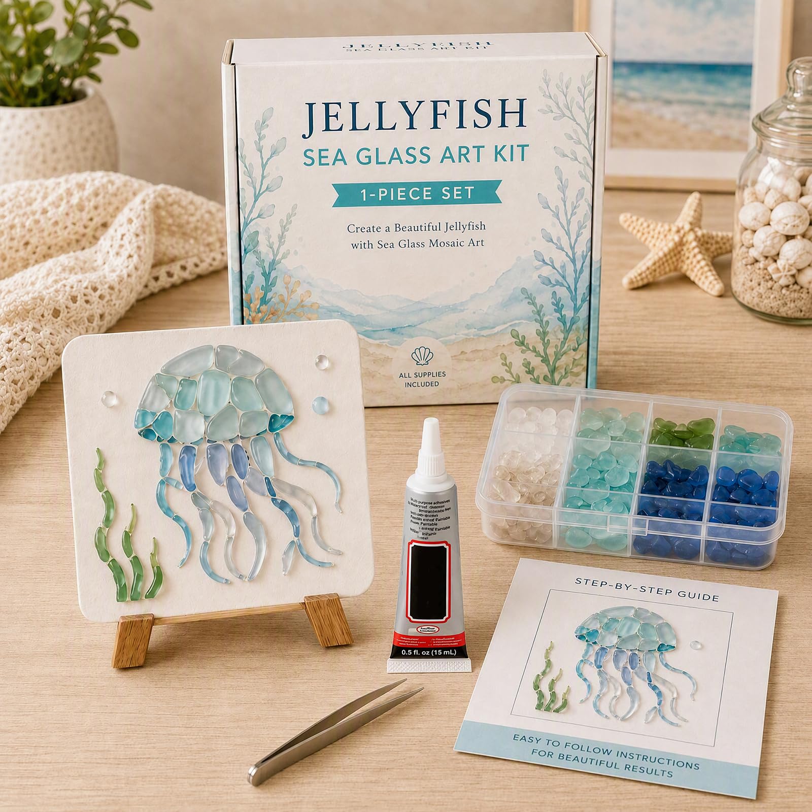 ByteCraft DIY Sea Glass Mosaic Art Kit, Sea Glass Art Kit, DIY Beautiful Ocean & Garden Inspired Artwork with Colorful Glass Pieces, Coastal Home Decor & Creative Handmade Gift Adults
