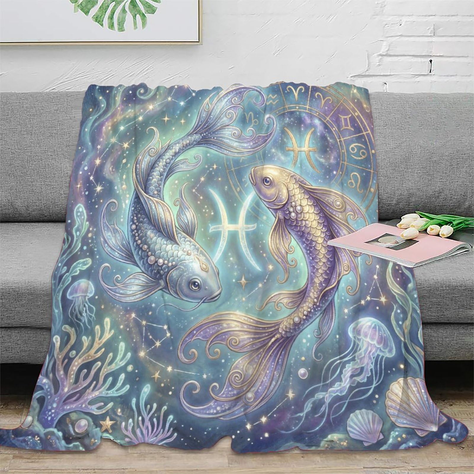 W7C8U2X3 Pisces Zodiac Dreamy Koi for Flannel Throw Blanket, Office Nap Use