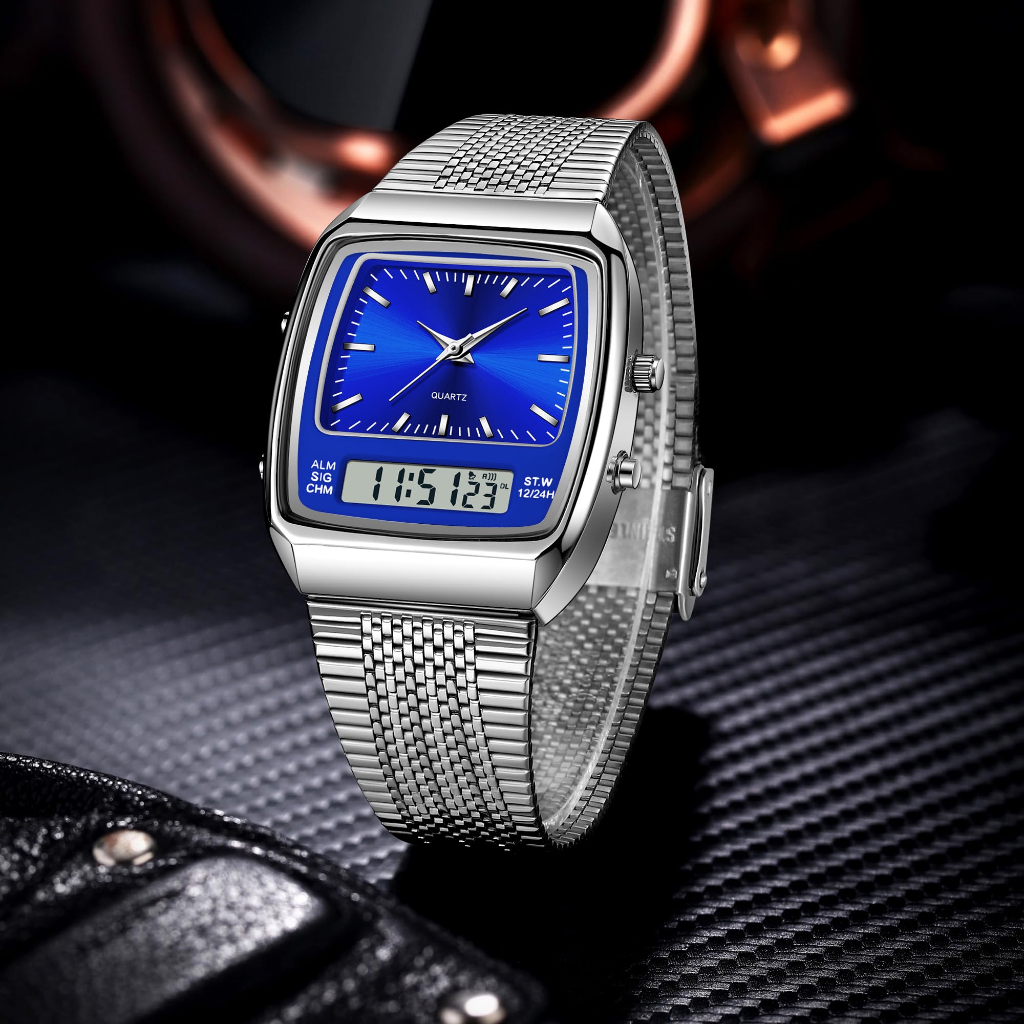findtime Orologio da polso da uomo e donna, impermeabile, analogico, digitale, cinturino unico, con sveglia, retro a LED, multi-fuso orario, rettangolare, orologio da polso