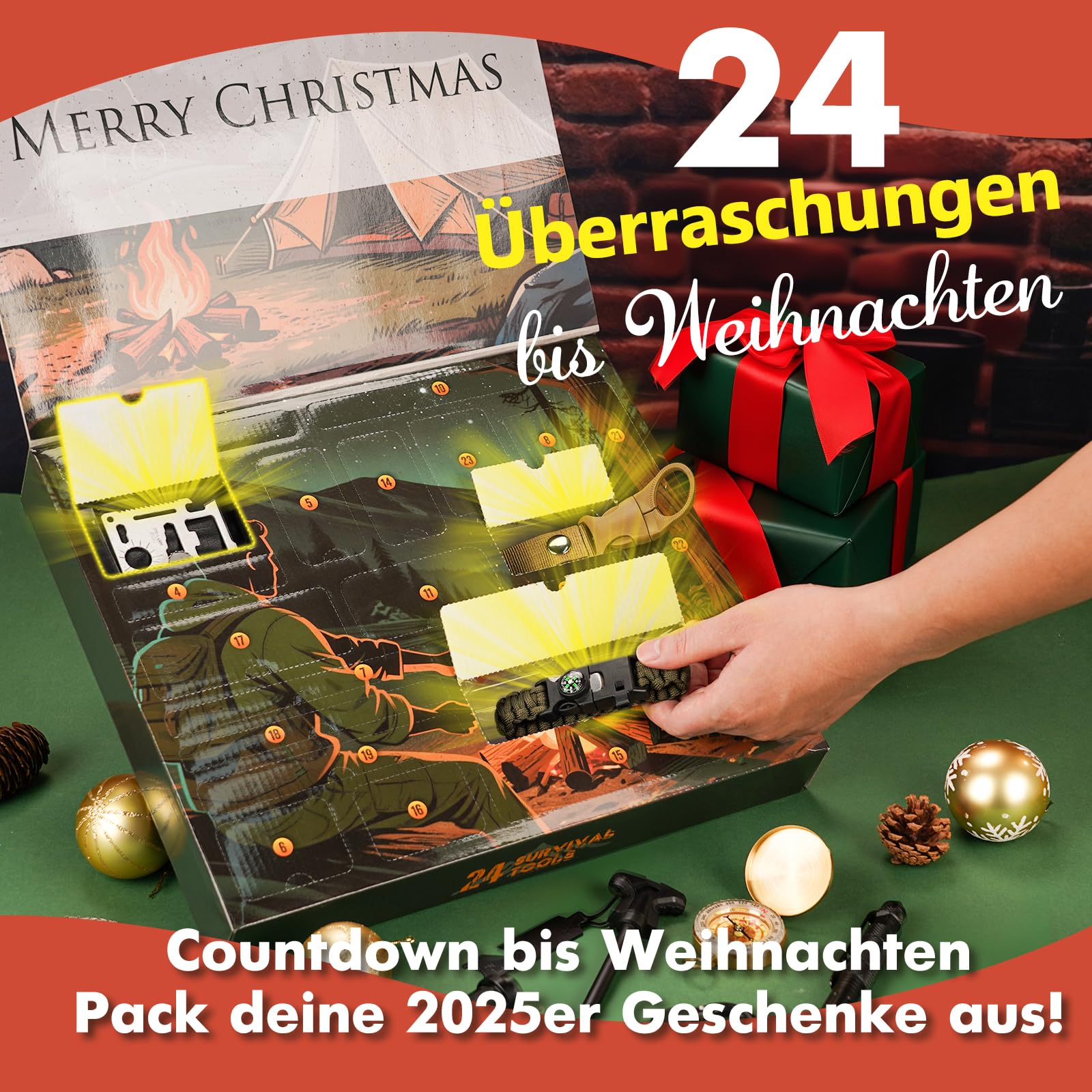 Survival Kit Adventskalender 2025 für Männer-24 Tage Weihnachts Countdown Outdoor Werkzeug–Survival Ausrüstung für Camping, Angeln-Coole Weihnachtsgeschenke Gadgets für Herren Erwachsene Teenager