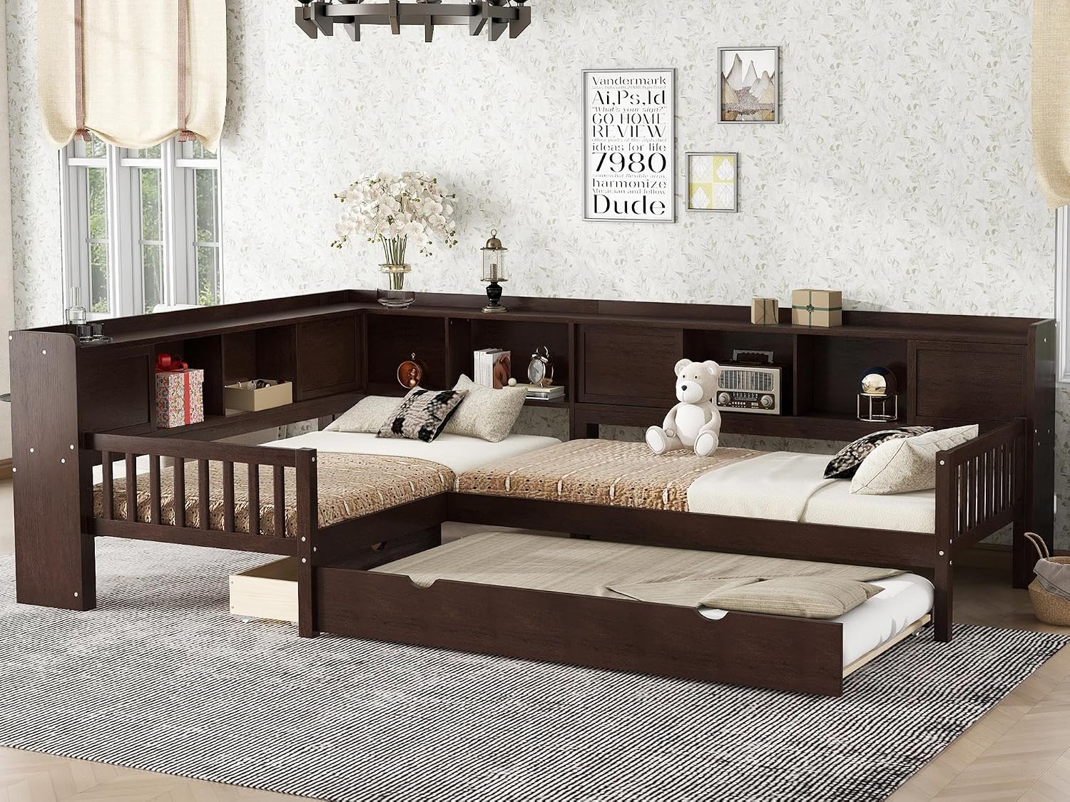 KEIKI Solid Wood Twin Size 3 Beds in 1 Corner Bed Frames with Trundle, Storage Shelves Headboard & Drawers, L-Shaped Captain Platform Daybed for Small Room, Bedroom, Guest Room, Kids' Room, Espresso