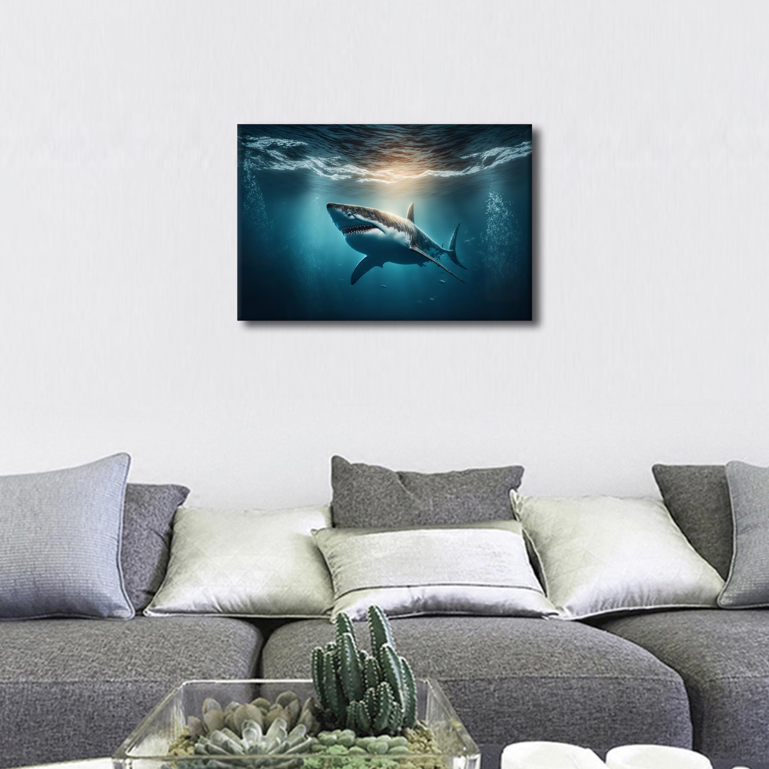 TISHIRON Marine Organism Art Prints Great White Sharks in the Underwater Ocean Wall Art Bedroom 1 Panels Sharks Posters Artwork Giclee Print Gallery Packaging Artwork Ready to Hang 16" Wx24 H - Image 4