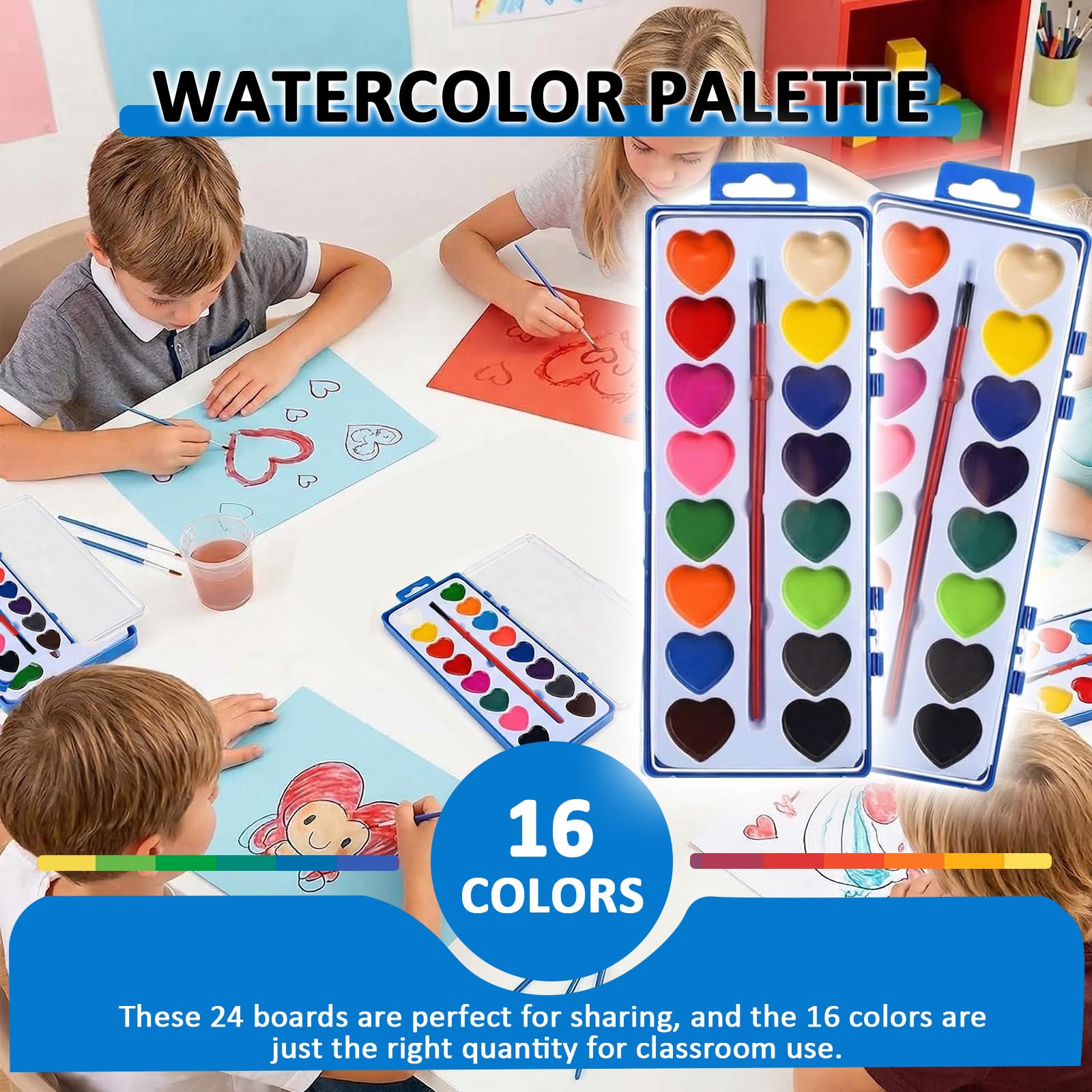 Shgxjjnb 24 Pack Heart Watercolor Paint Set with Paintbrush and 16 Colors for Kids, Valentines Party Favors Art, Classroom Gifts for Students Painting — view 6