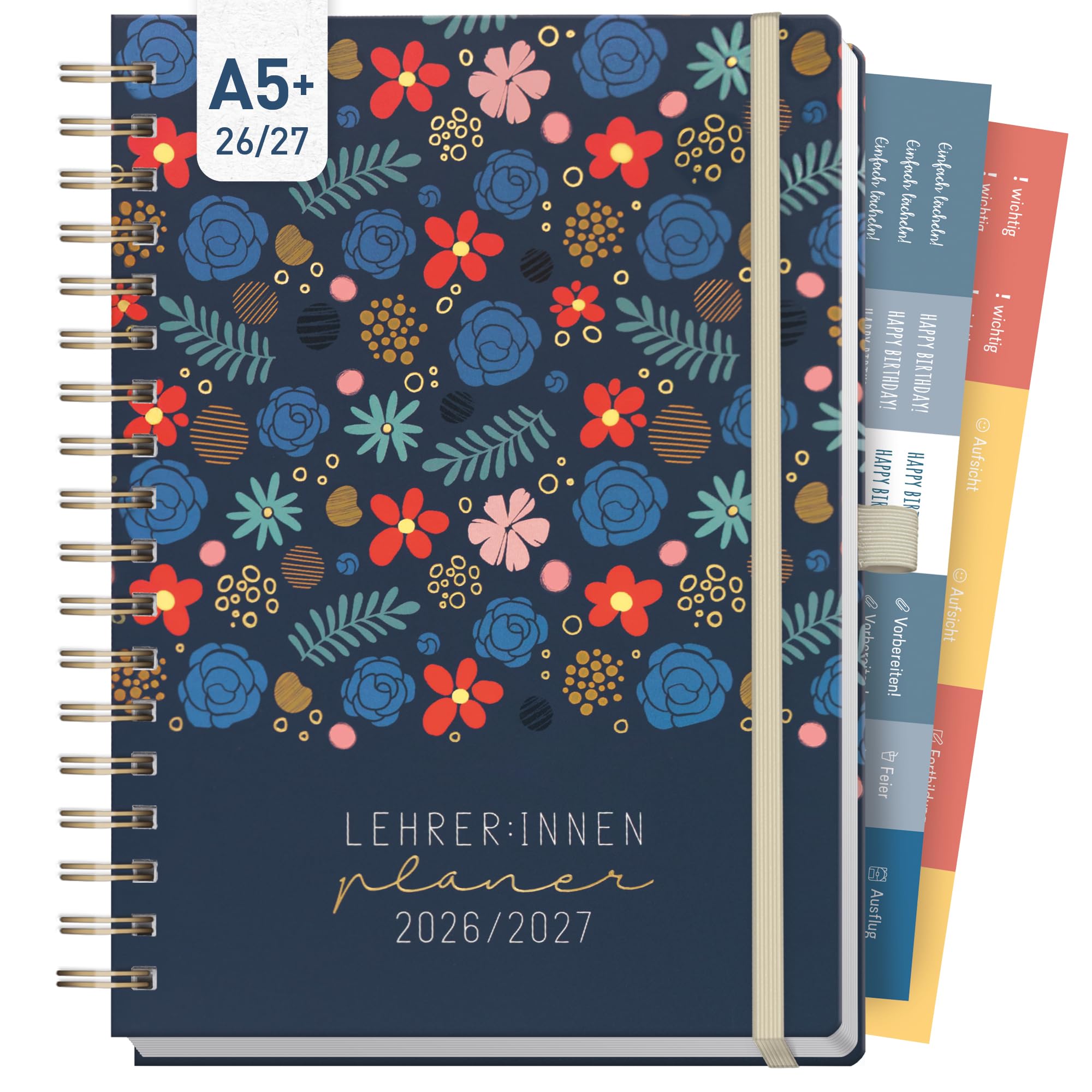 Häfft® Lehrer-Planer 2026/2027 Deluxe A5+ Lehrerkalender mit Hardcover und Spiralbindung, Schulplaner 26/27 für Grundschule, weiterführende Schulen & Referendariat "Flowers & Leaves"