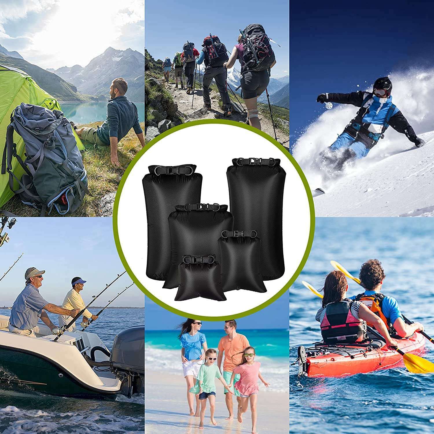 Pack de 6 Bolsas Impermeables para Kayaking, Boating, Bolsa Seca, Almacenamiento al Aire Libre para Canoeing, Camping, natación, Senderismo, Color Negro