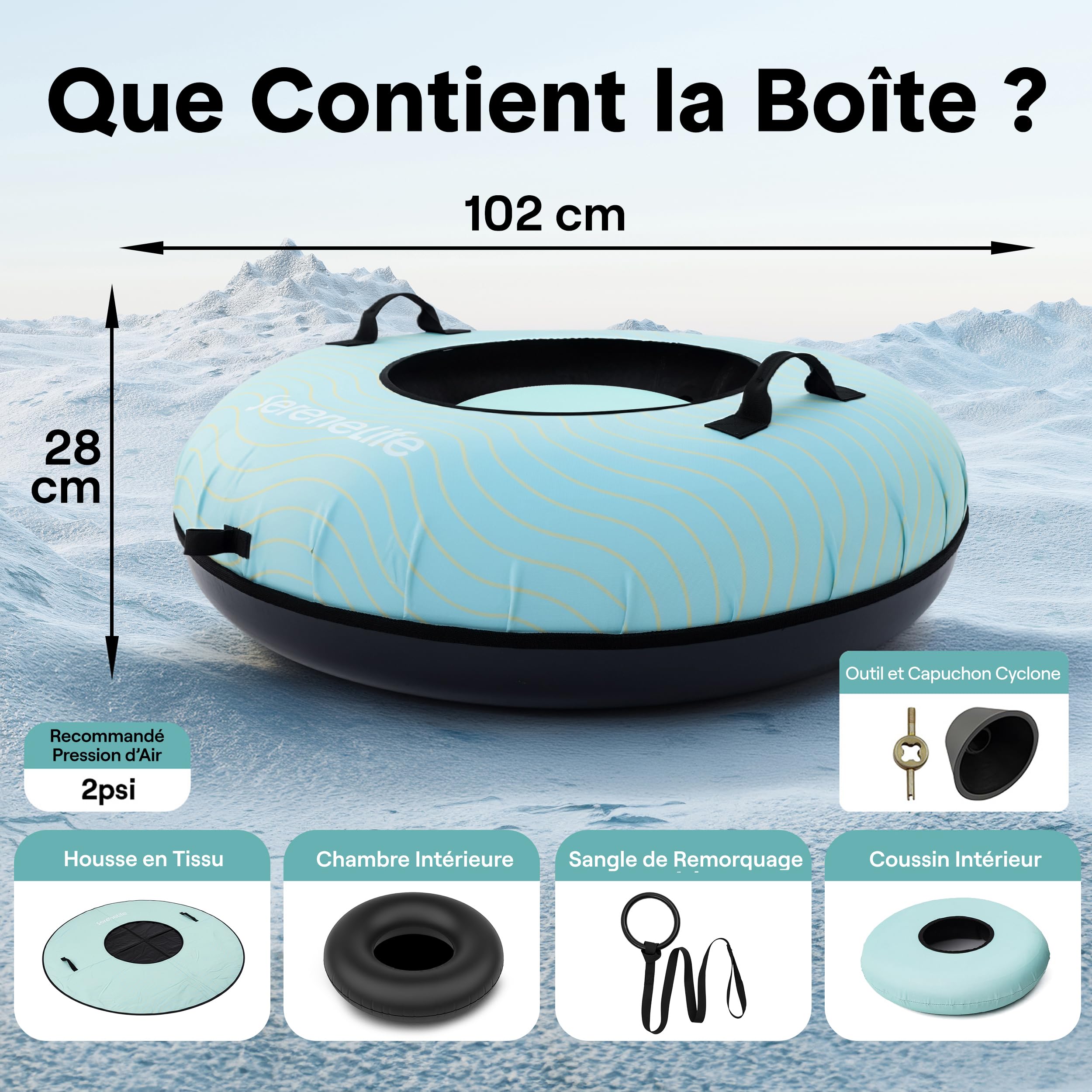 SereneLife Luge Gonflable 100 cm – Tube de Neige Résistant avec Coque Rigide et Housse Oxford – pour Enfants et Adultes