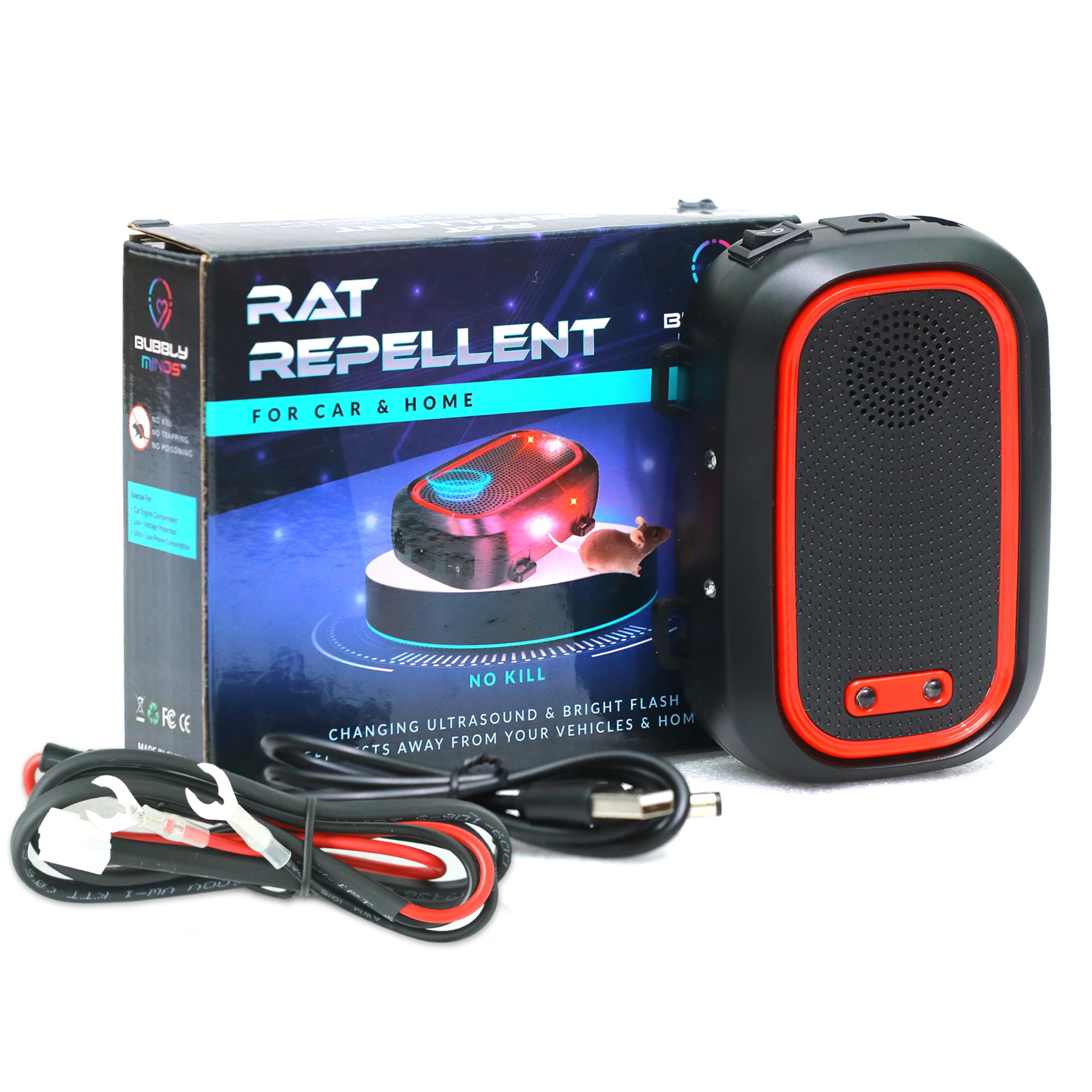 BubblyMinds Ultrasonic Car Rat Repellent | Dual Power | Multi-Frequency Rodent Deterrent with LED Flash & Vibration Sensor | Safe for Pets | Protects Car Engine Wires | Easy Install Zip Straps-image-1