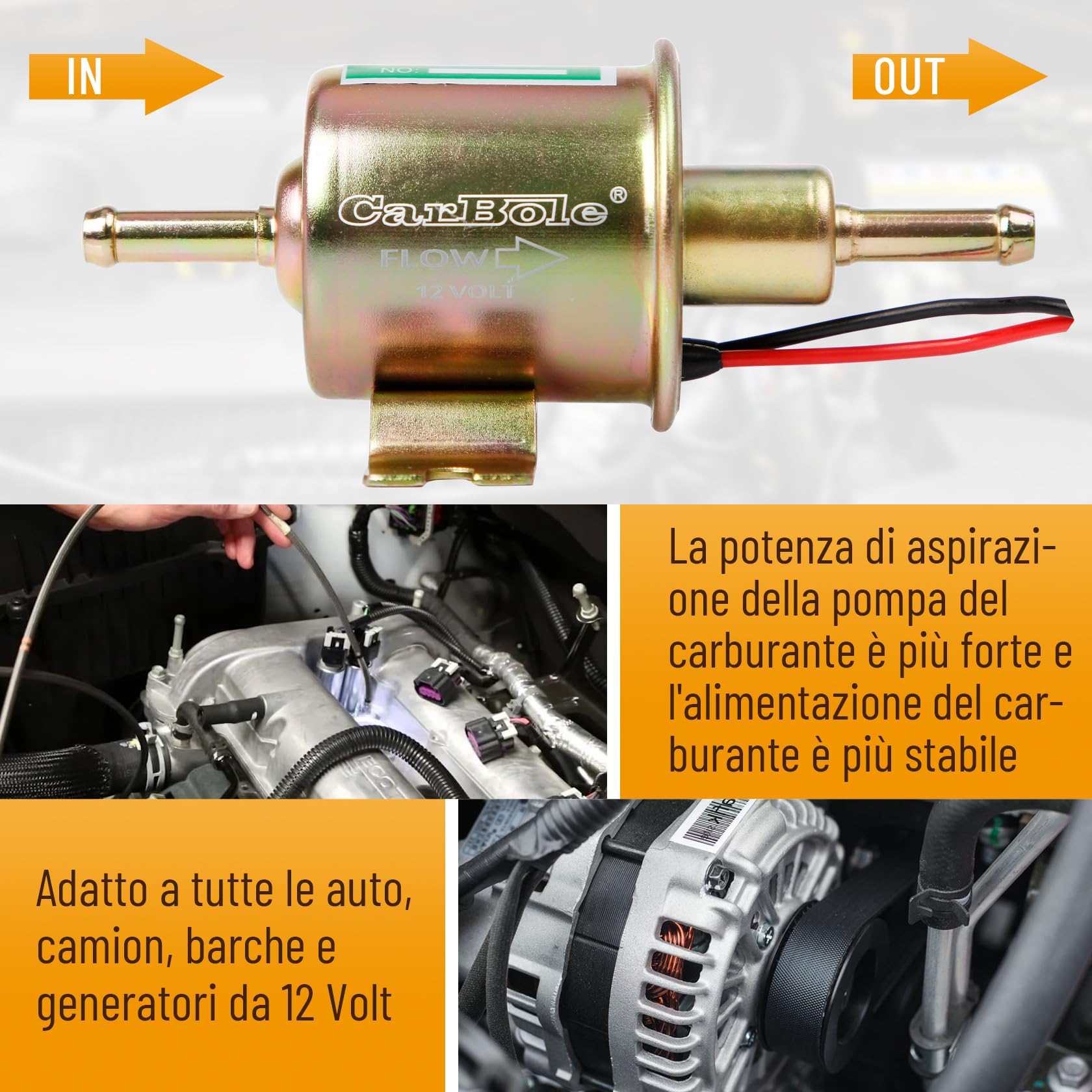 CarBole Pompa Carburante Elettrica 2.5-4 PSI Universale 5/16 Pollici 12v per Carburatore Motore HEP-02A