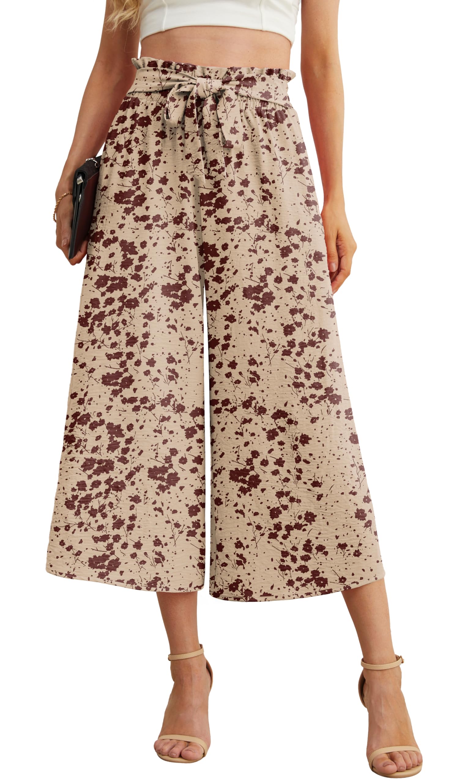 IWOLLENCE Women Flowy Loose Wide Leg Pant Summer Beach Casual Trousers high Waist Adjustable Knot Business Work Casual Pants