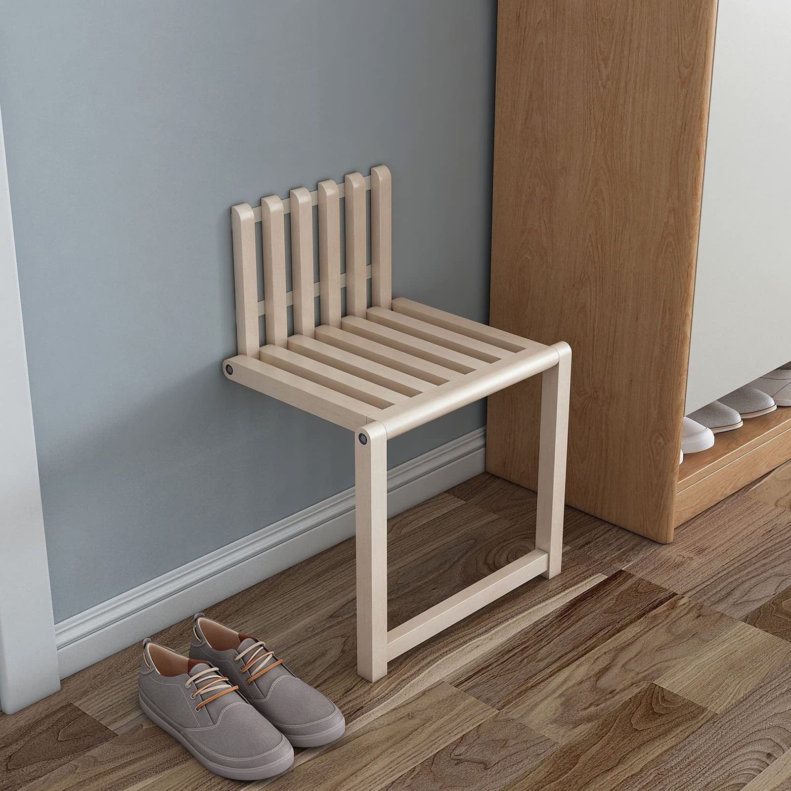 ZLL Solid Wood Folding Stool, Wall-Mounted Installation, Shower Folding Stool, 150 Kg Capacity-Used in Corridors, Bathrooms, Wardrobes, Balconies (Color : Wood Color)