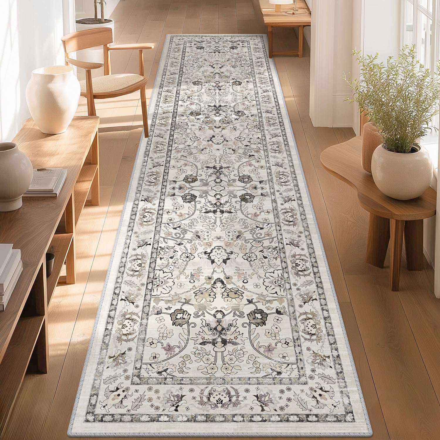 LOKHOM Washable Runner Rug, 2x8 Non-Slip Vintage Hallway Runner Rug with Rubber Backing, Boho Floral Soft Faux Wool Kitchen Rug Carpet Runner for