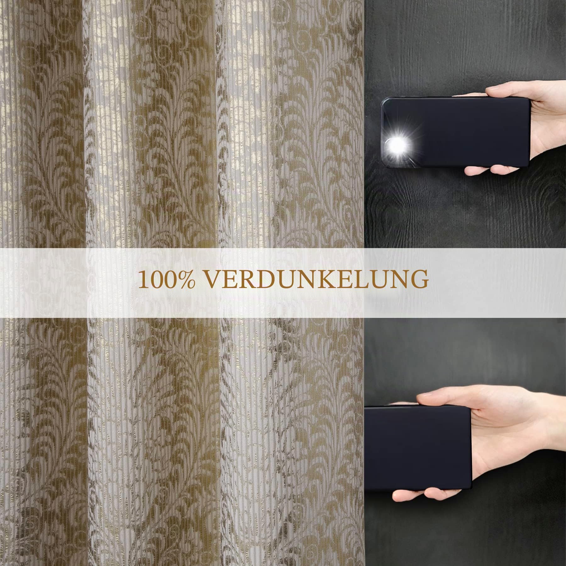 always4u 100% Blickdichter Verdunkelungsvorhang mit Golddruck 2er Set, Gardinen mit Ösen aus Samt, Thermovorhänge für Schlafzimmer Wohnzimmer Küche,Kälteisolierend, Beige,137x213cm