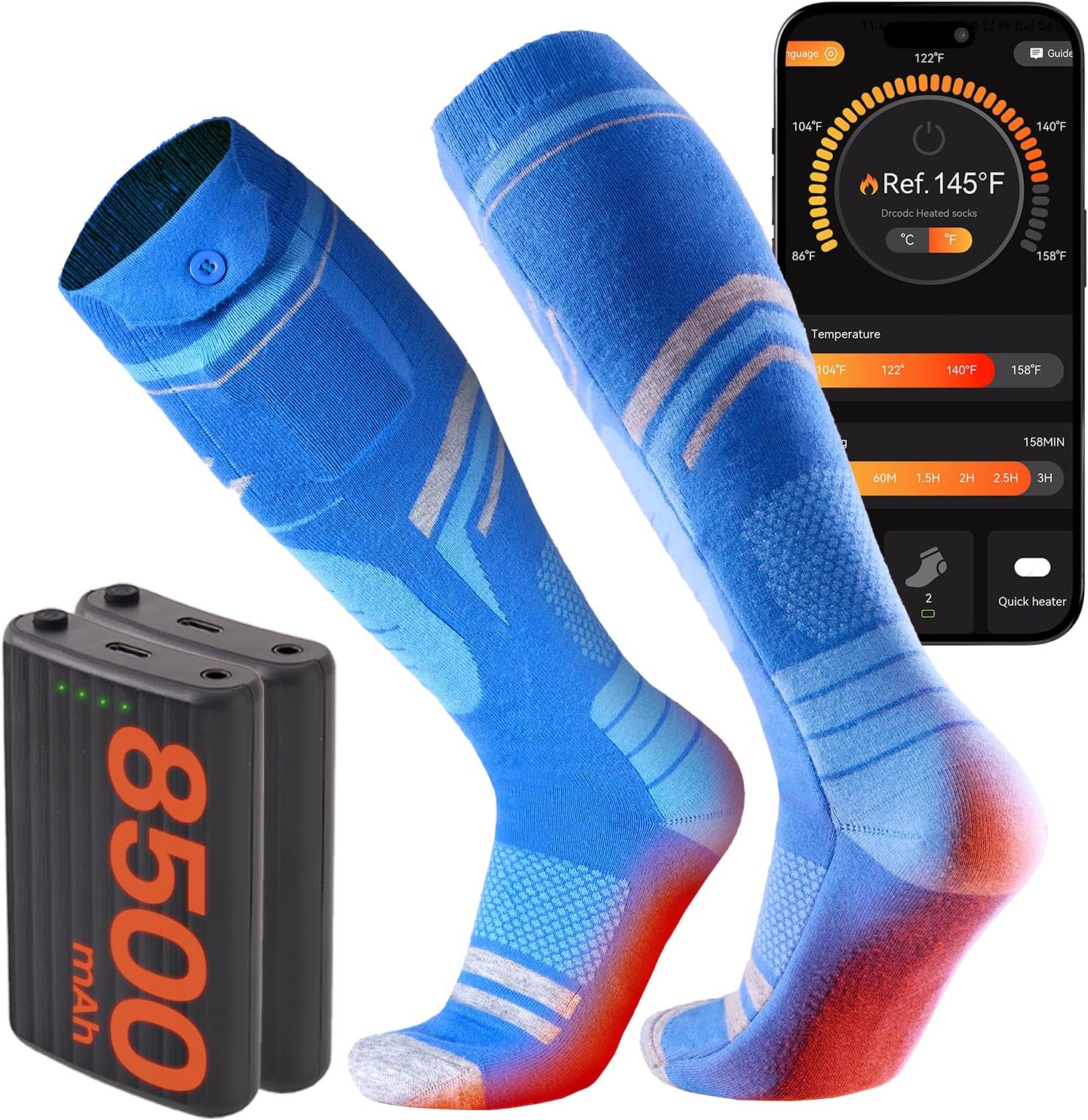 Merino Wool Heated Socks, 15-Hour Runtime & 145°F Heating, 8500mAh Rechargeable Electric Battery Operated Ski Socks with APP-Controlled for Men Women, Hunting, Camping, Winter
