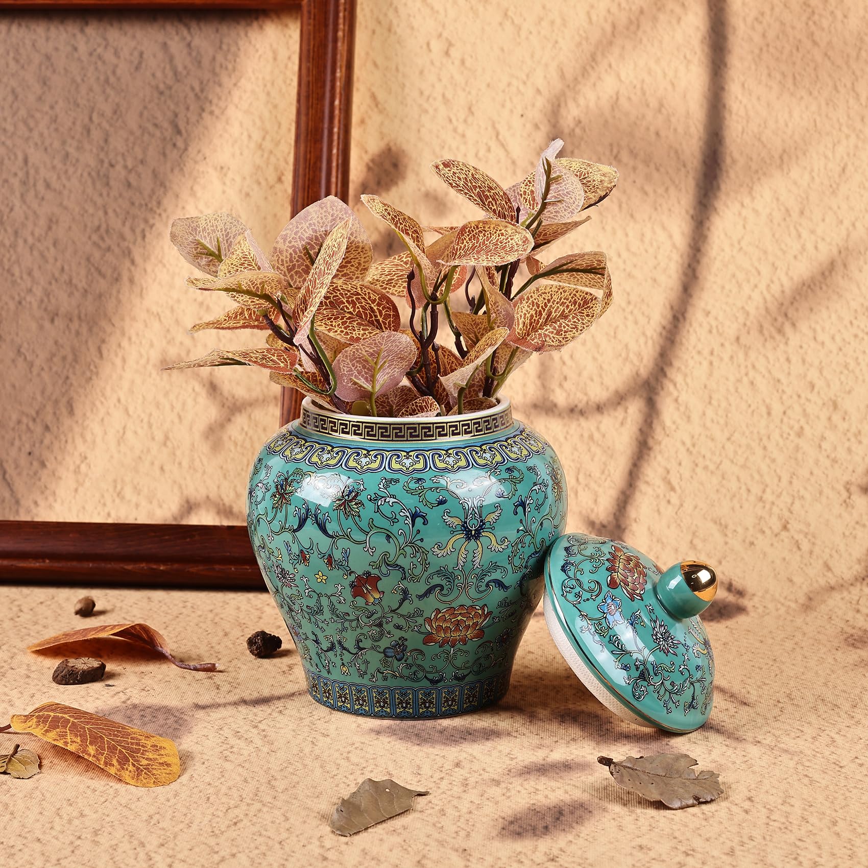 Handgefertigtes Emaille-Ingwergefäß - Lebhaft gefärbte Chinoiserie-Vase, blau-weiße Porzellan-Keramik-Dekorgefäß mit Deckel für Heimdekoration und Aufbewahrung (General Green)