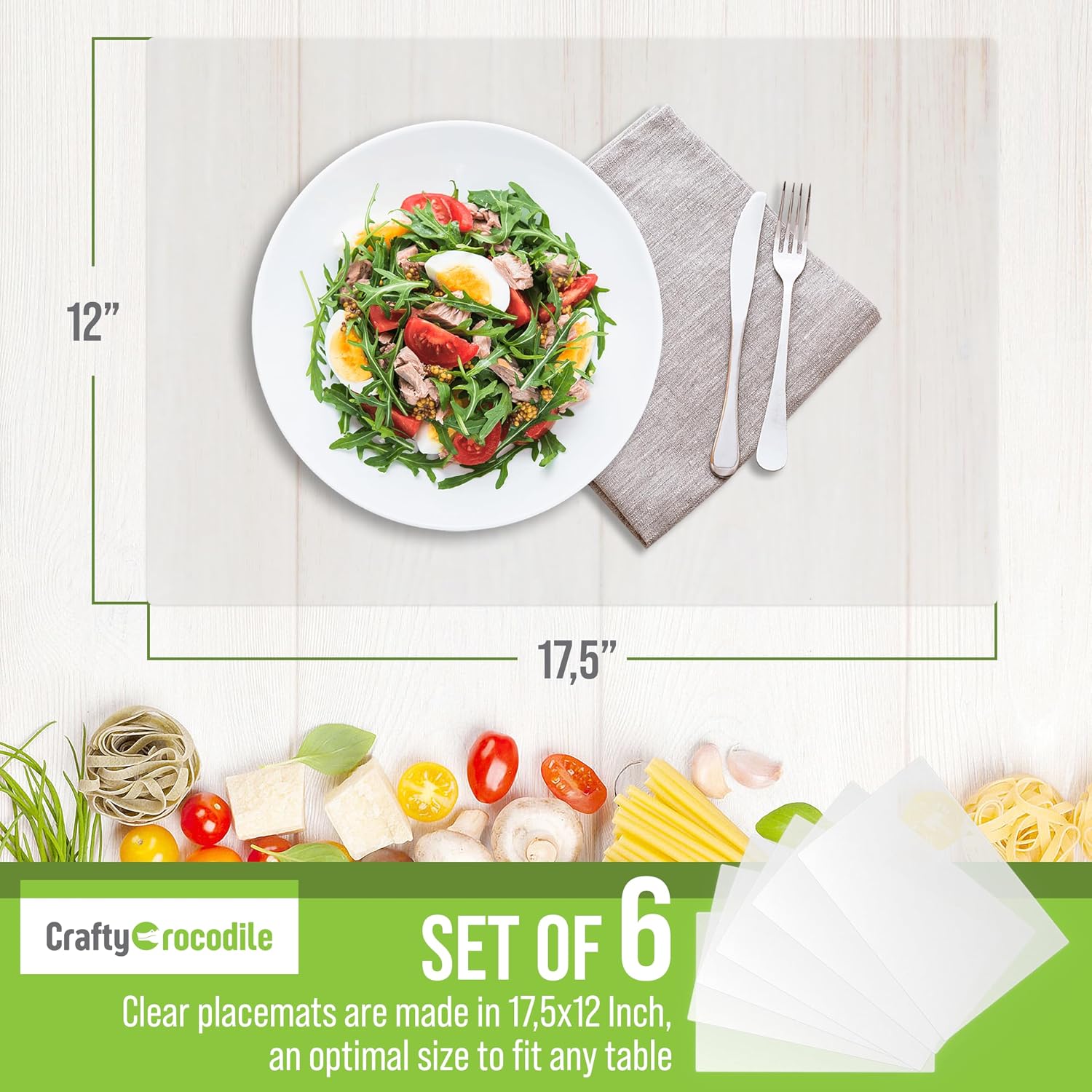Clear Plastic Placemats Set of 6, 17.5x12 Transparent Vinyl Table Mats | Wipeable Vinyl Placemats, Crystal Clear Plastic Mat for Dining, Kitchen, Office, Shelves - Heat Resistant Table Place Mats