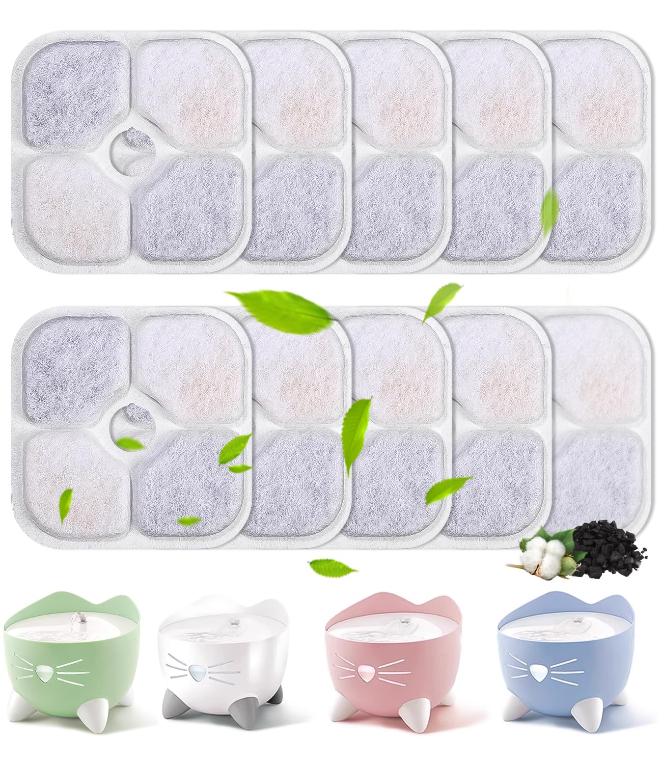 Yulado Filtros De Fuente,10 Piezas Filtro para Bebederos Fuente Compatible con La 2,5L Fuente para Mascotas,Filtros Fuente Gatos con Resina Activada por Carbono Tres Capas Sistema De Filtración.