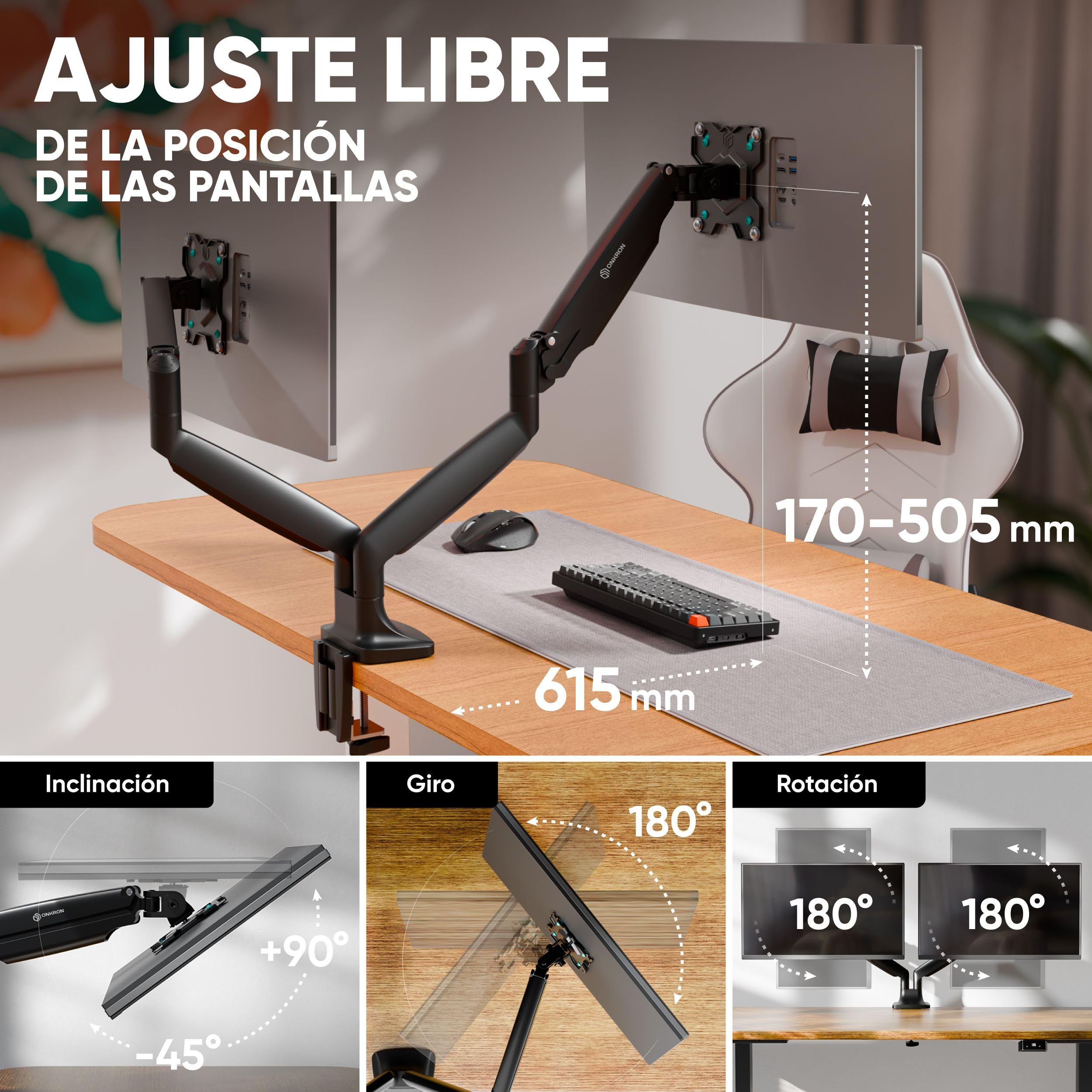 ONKRON Soporte Monitor Doble 13-32 pulgadas, Carga Total hasta 18 kg, VESA 75x75-100x100, Brazo Monitor Doble Articulado, Ajustable, Giratorio e Inclinable, Soporte 2 Monitores Escritorio Negro G200-B