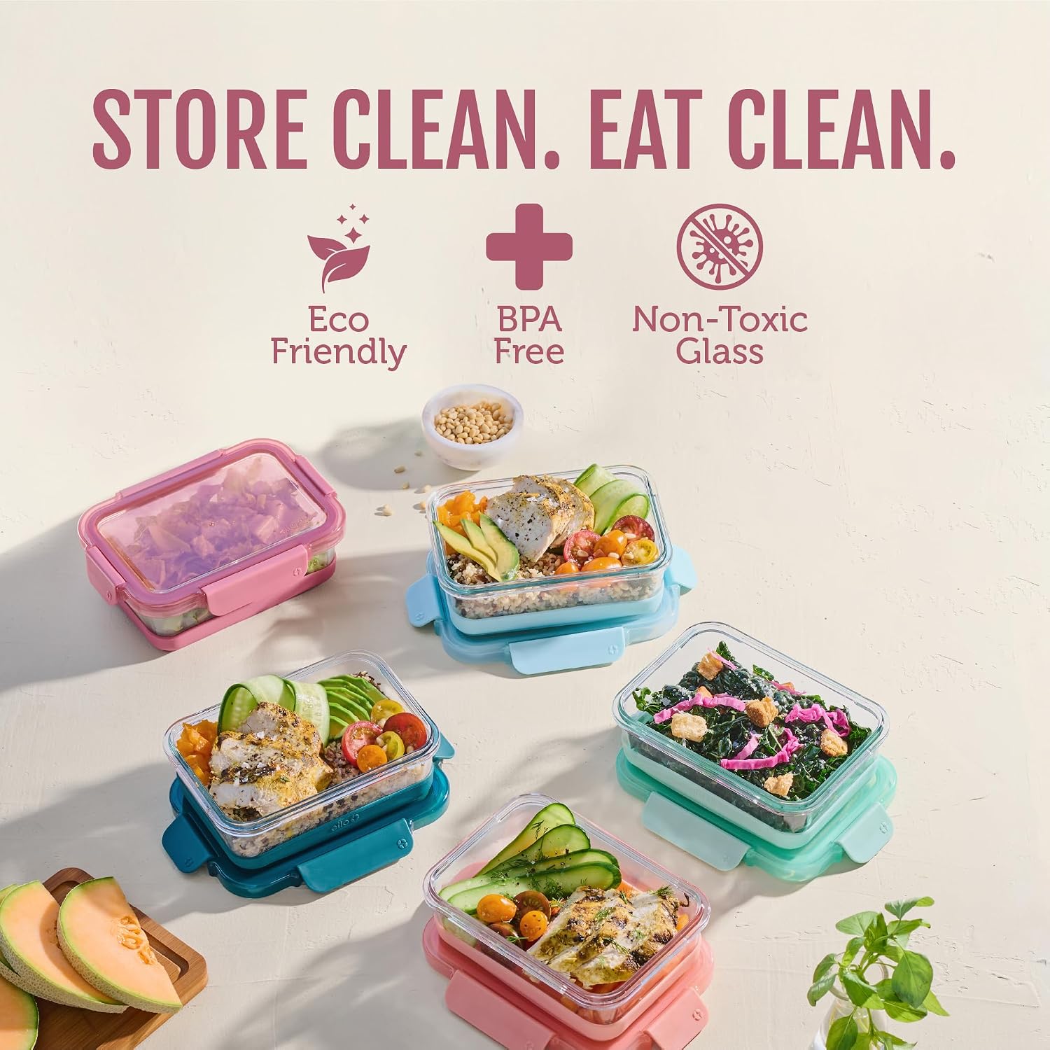 Ello Duraglass Refresh 3.4 Cup Meal Prep Sets 10Pc, 5 Pack Set- Glass Food Storage Container with Silicone Boot and Airtight BPA-Free Plastic Lids, Dishwasher, Microwave and Freezer Safe, Melon MISSING ONE