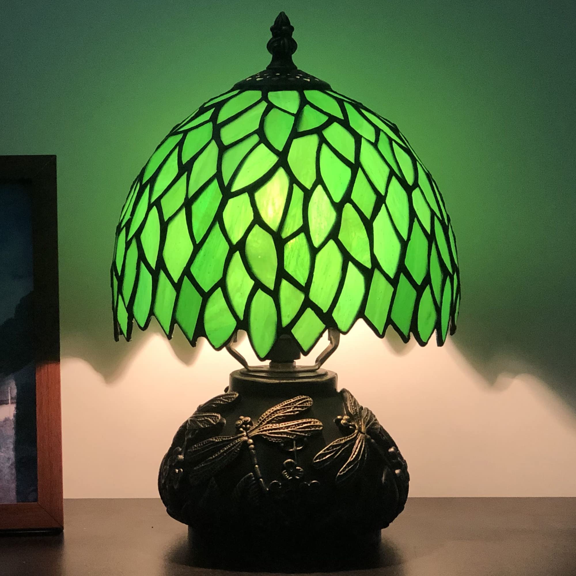 SYETL Small Tiffany Lamp Mini Stained Glass Table Lamp Green Wisteria Leaf Style Mushroom Desk Light Memory Sympathy Lamp 8X11 Inch