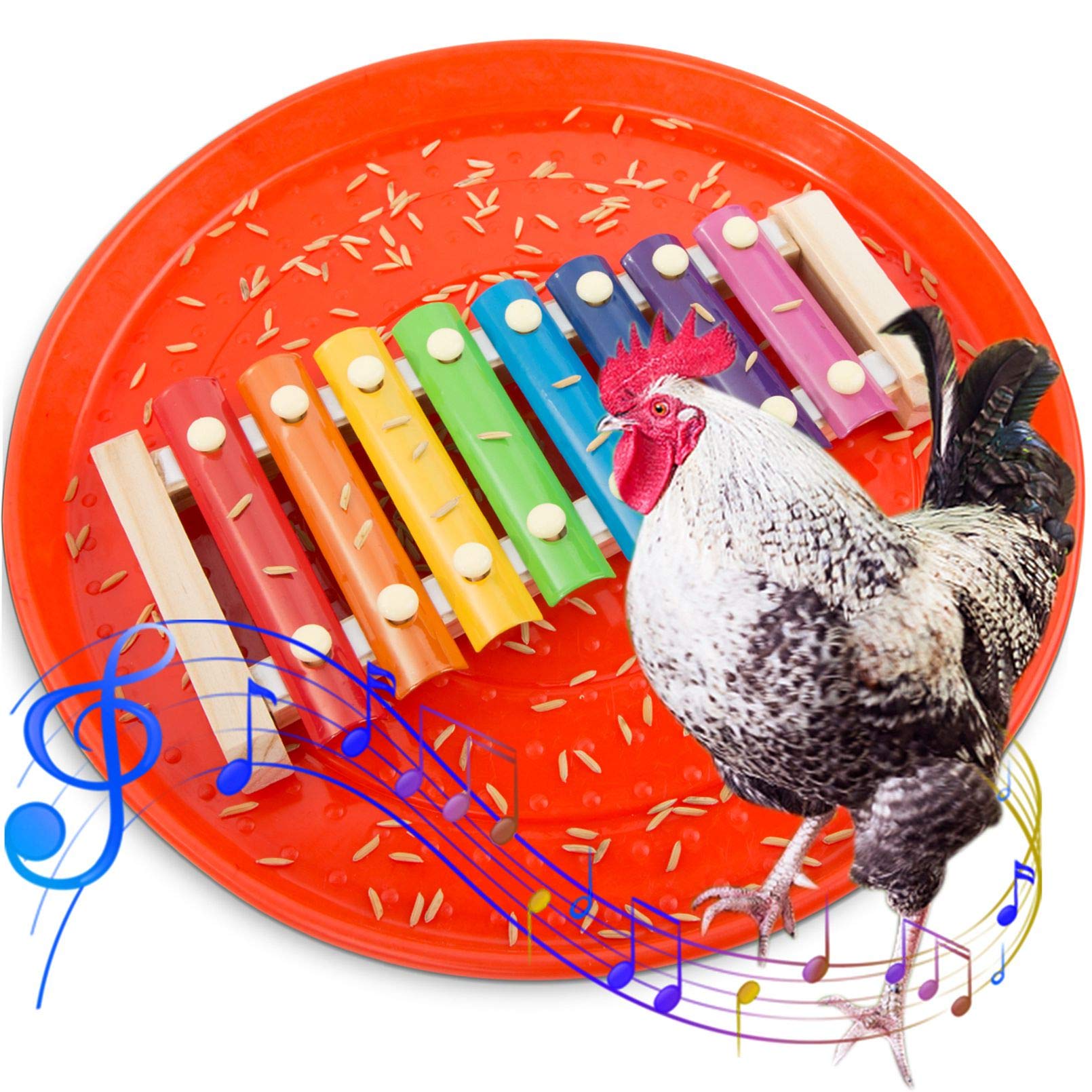 Geegoods Chicken Xylophone Toy ，Chicken Toys Wood Toy with 8 Metal Keys，Chicken Pecking Toy with Red Feed Pan，Chicken Supplies