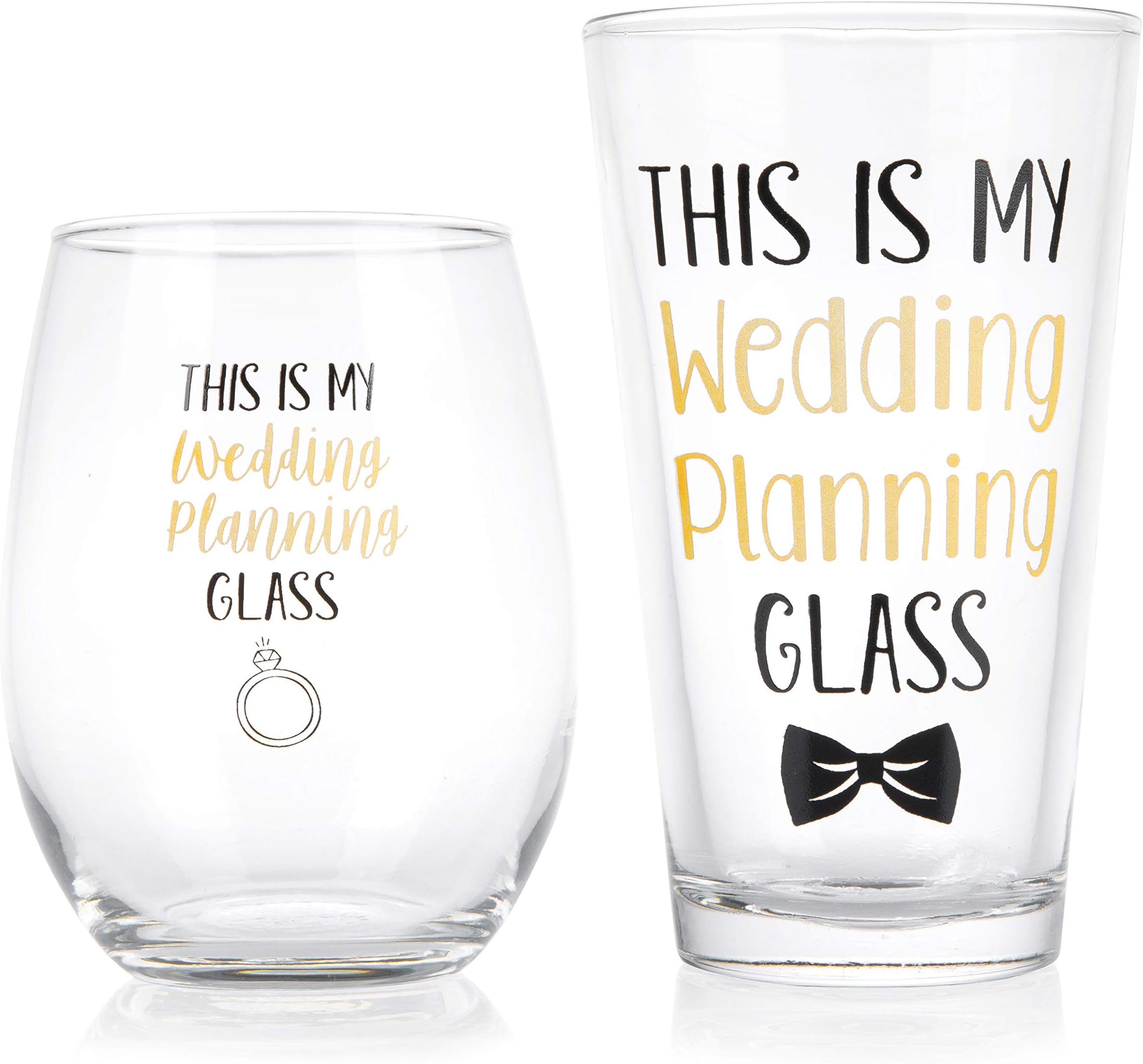 This Is My Wedding Planning Glass Set - Engagement Gift Set for the Couple - Mr & Mrs Gift - Bride and Groom To Be - 16 oz. Pint Glass, 21 oz. Wine Glass (Set of 2)