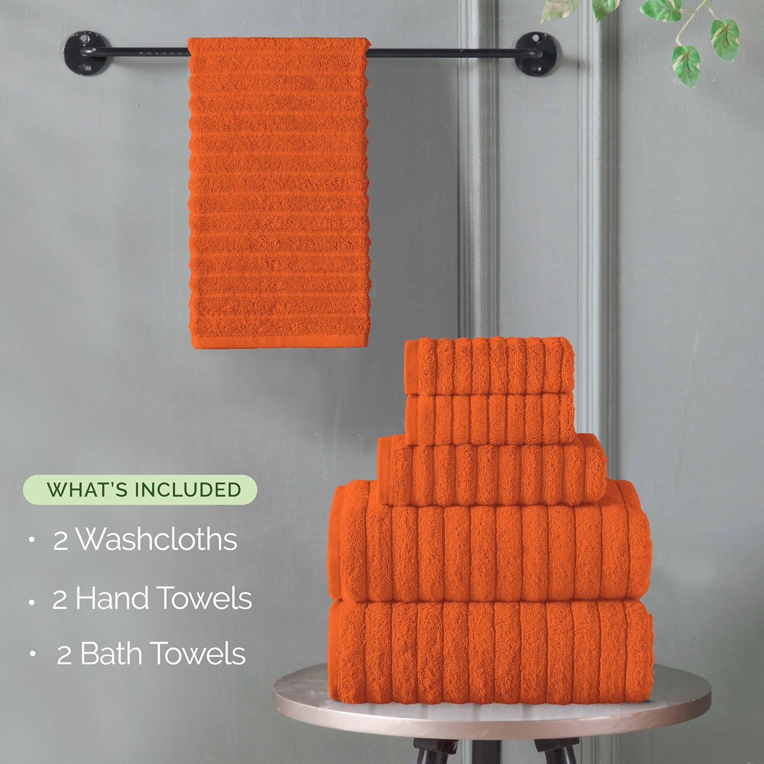 Elegant Comfort 100% Turkish Cotton Corduroy Ribbed Luxury Bath Towels 6-Piece Set, Premium Feel - Quick Dry, Highly Absorbent, Contains 2 Bath Towels, 2 Hand Towels, and 2 Washcloths, Orange - Image 4