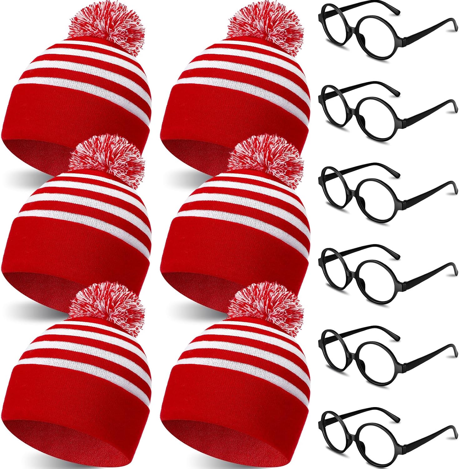 Leyndo 12 Pcs Red White Knit Beanies Hat and No Lens Glasses Frames Costume Accessory Set for Adult Halloween Christmas Party