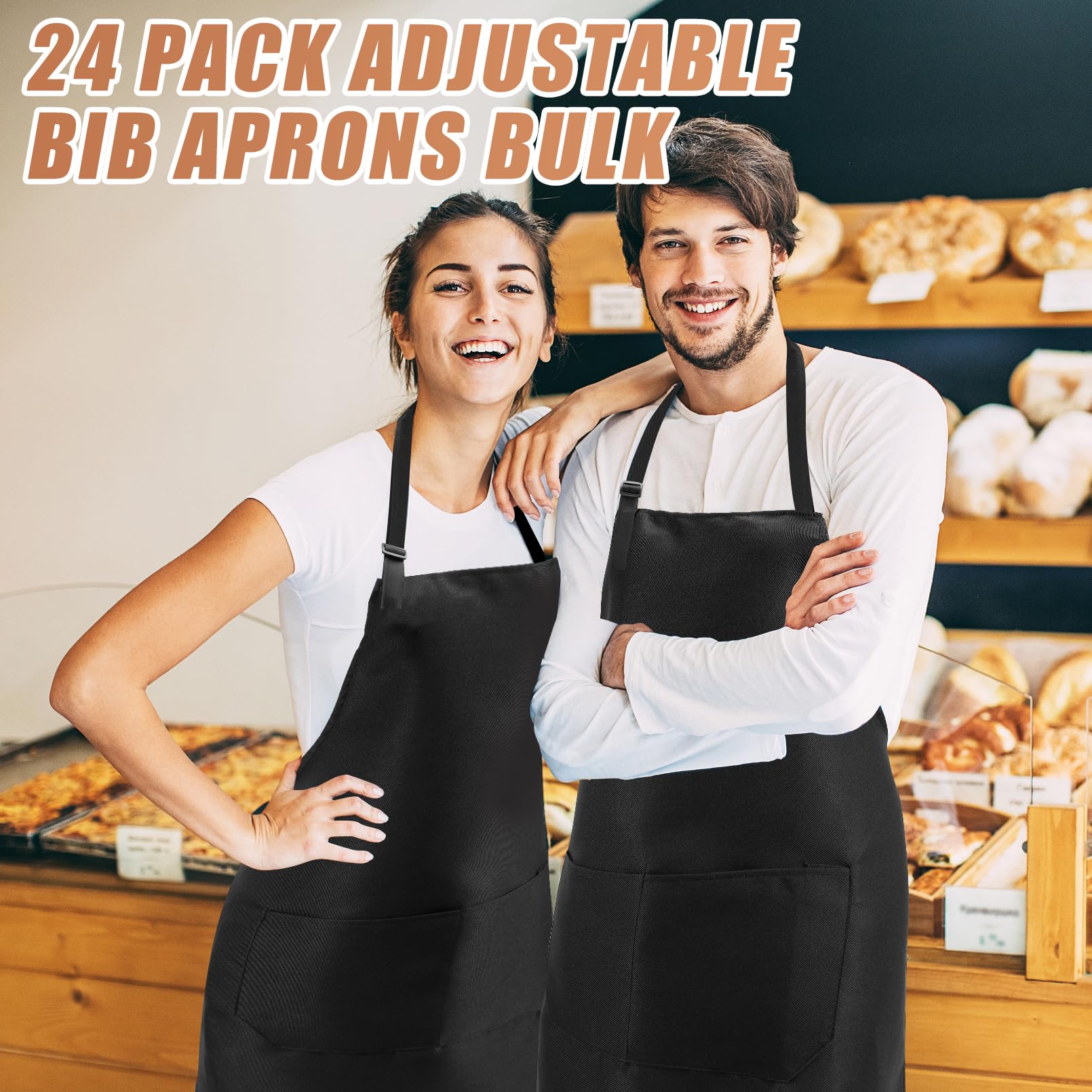 24 grembiuli unisex, in tinta unita, con 2 tasche, regolabili, per adulti, cucina, barbecue, grigliate, forno, lavabili in lavatrice, nero, 60,5 x 71 cm
