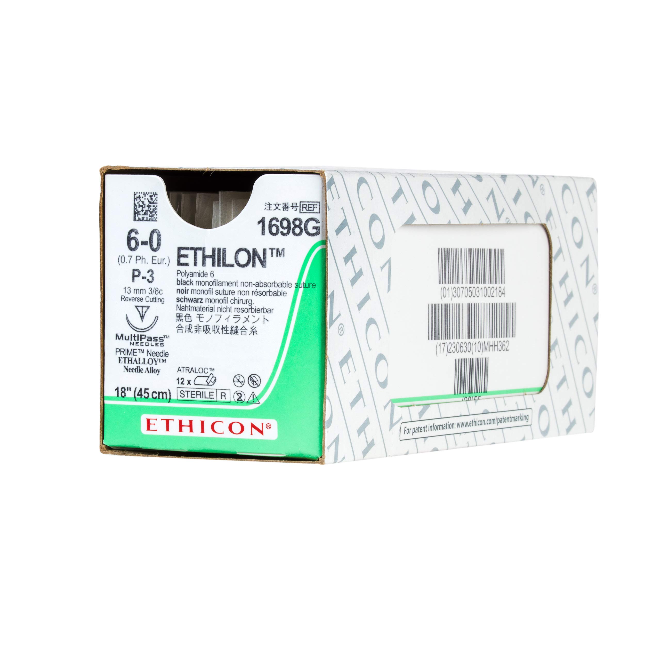 Ethicon ETHILON Nylon Suture, 1698G, Synthetic Non-absorbable, P-3 (13 mm), 3/8 Circle Needle, Size 6-0, 18" (45 cm)