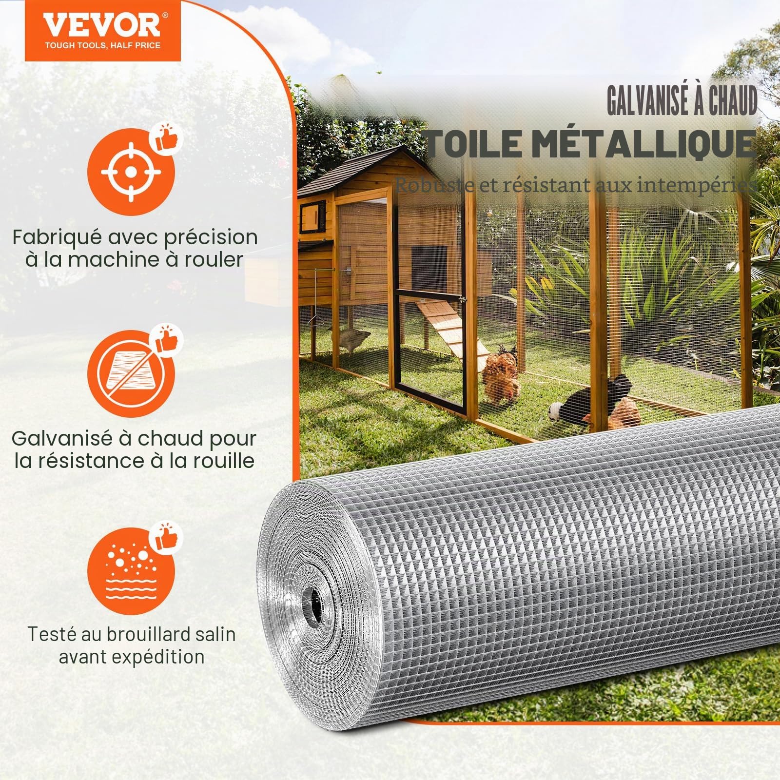 VEVOR Grillage métallique soudé 1220mm x 15,24m rouleau treillis métallique galvanisé à chaud maillage 6,35 x 6,35 mm clôture en fil de poule calibre 23 pour cages à lapins, jardin, petits rongeurs