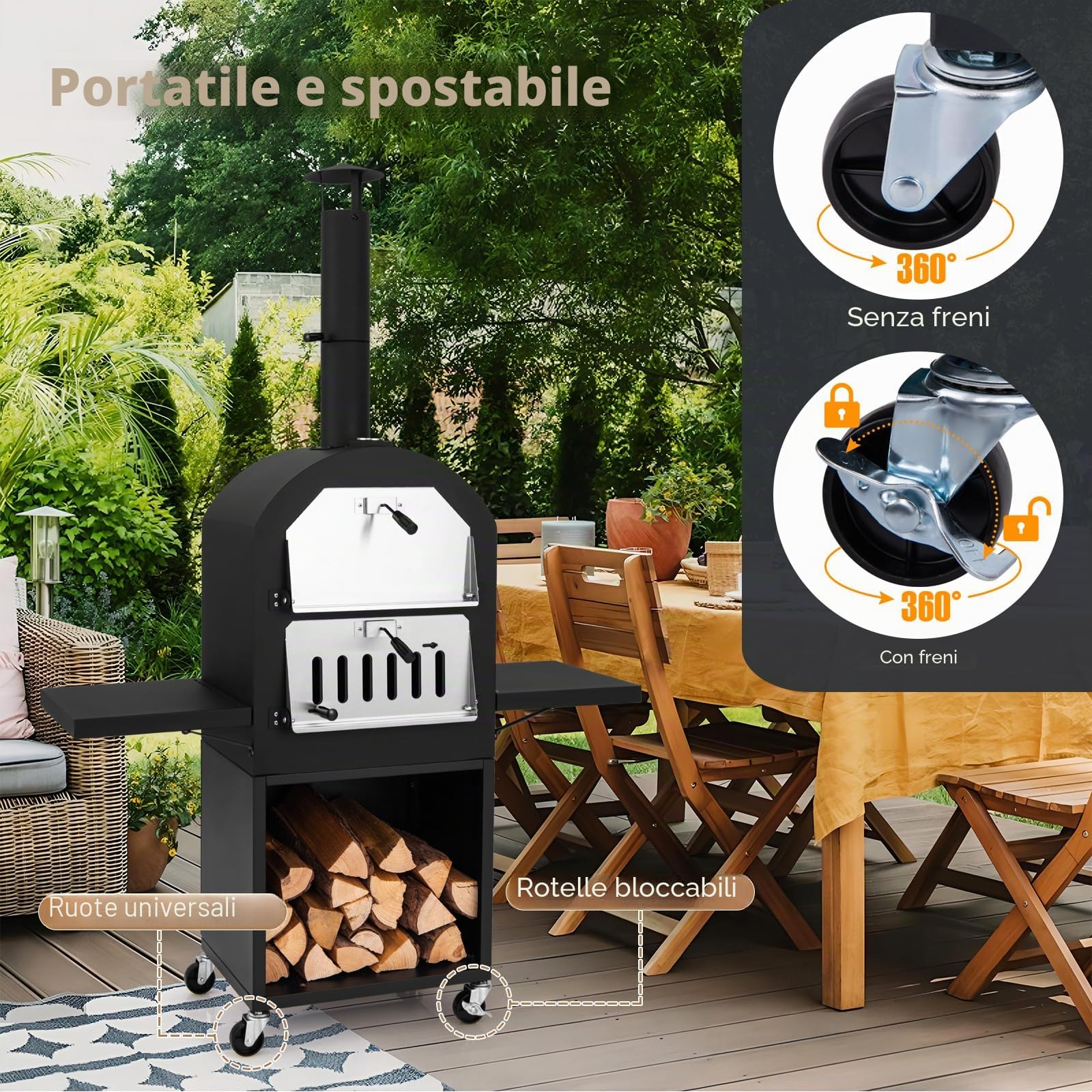 KOMFOTTEU Forno per pizza per esterni portatile 2 strati con borsa trasporto, pala, termometro, cottura per barbecue campeggio picnic
