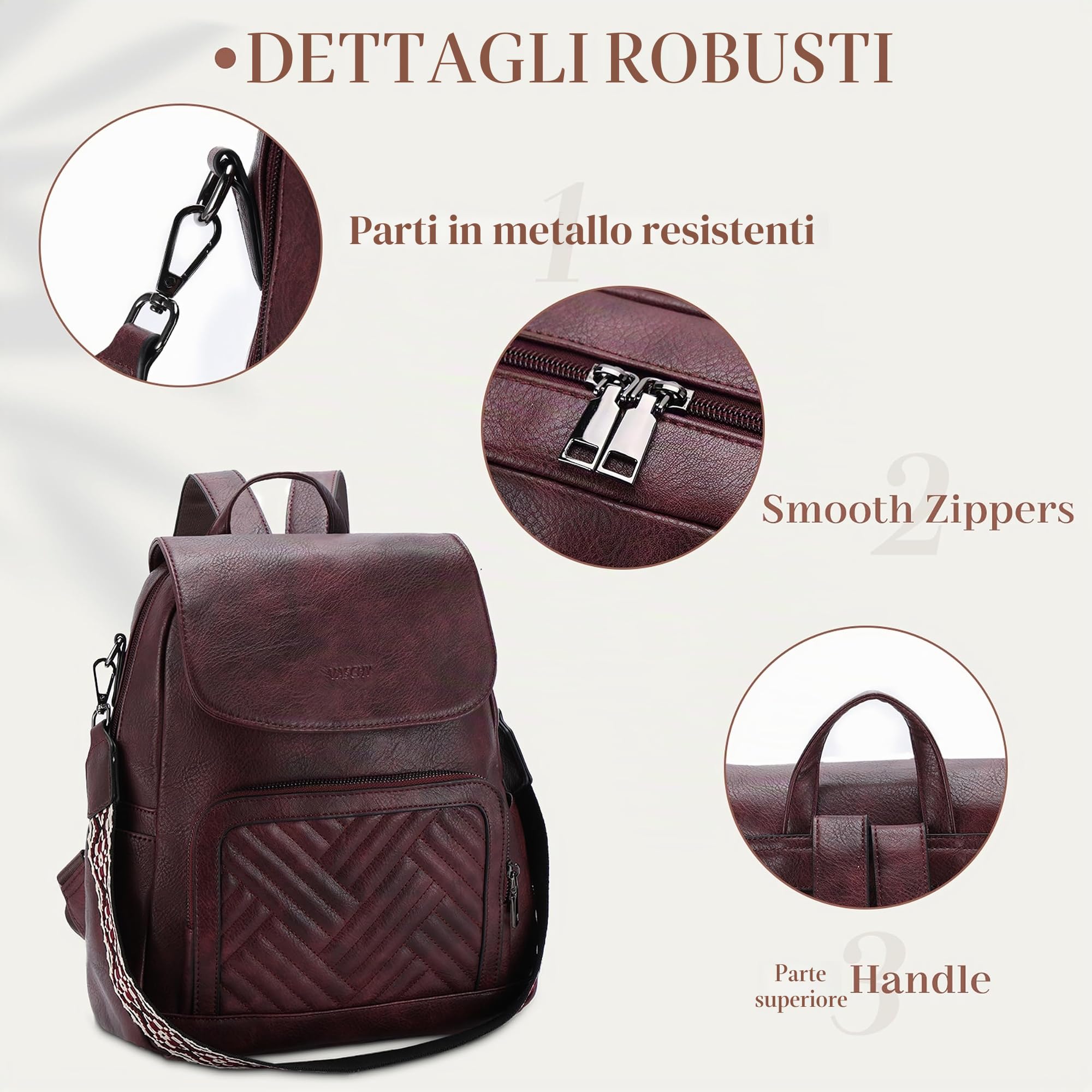 VASCHY Zaino Donna Elegante Zaini da Donna Piccolo Zainetto Donna Pelle Zaino da Viaggio/Lavoro/Scuola/Università Borgogna