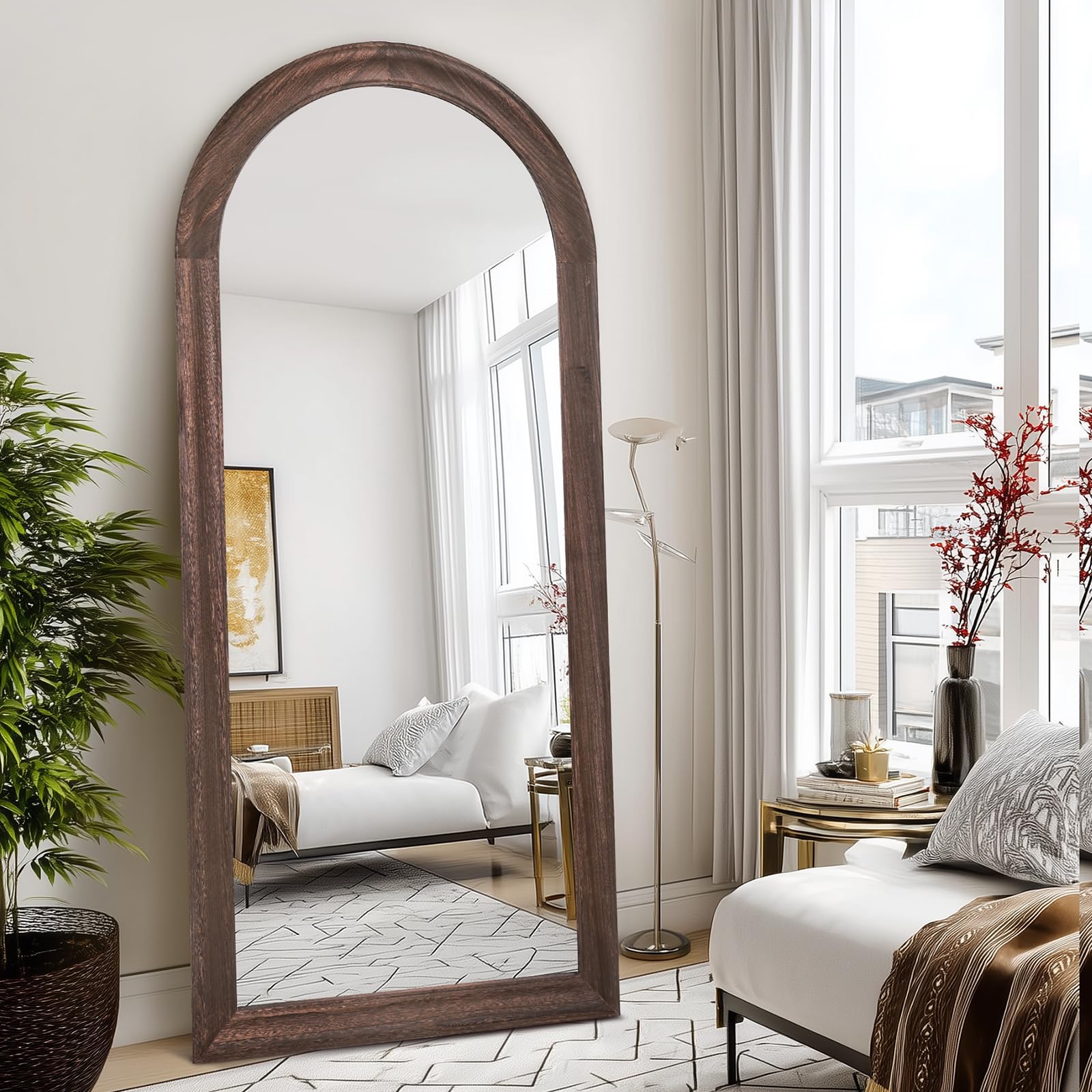 Photo 1 of **FRAMING IS DAMAGED*** ABSWHLM Arched Full Length Mirror 71"x32" - Rustic Brown Solid Wood Wall Mirror, Oversized Leaning or Mounted Design for Bedroom, Entryway, Living Room Décor
