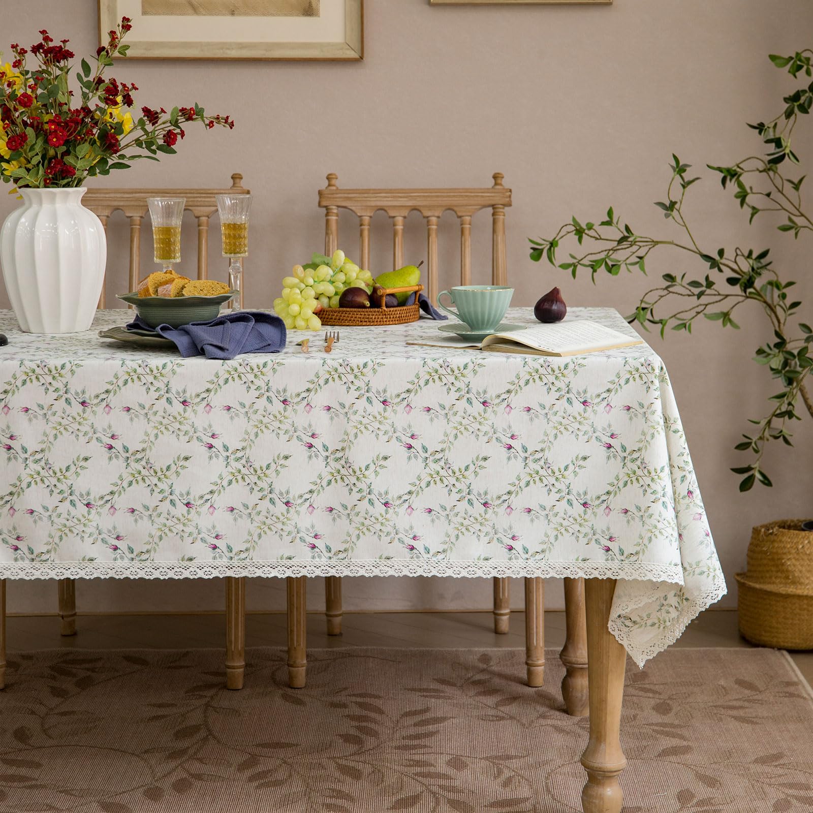 GLORY SEASON Floral Pastoral Tablecloth Wrinkle-Resistant Rustic Natural Style Machine Washable Rectangle Linen Table Cloth for Farmhouse Dining Kitchen Elegant Decor 55x120 Inch