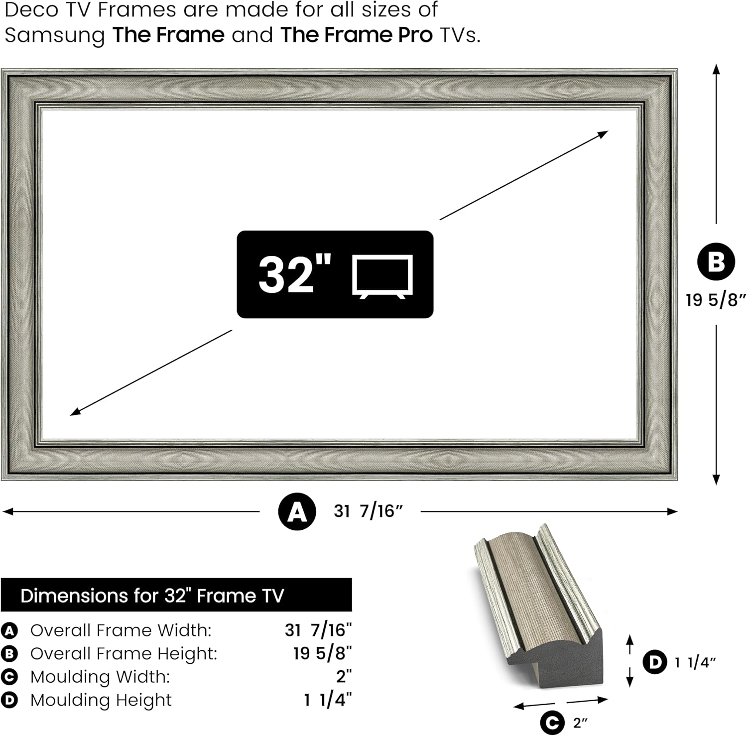 Industrial Nickel 32" Slim Deco TV Frame - Compatible ONLY with Samsung The Frame TVs (Fits 2021-2026, LS03A, LS03B, LS03C, LS03D, LS03FA)