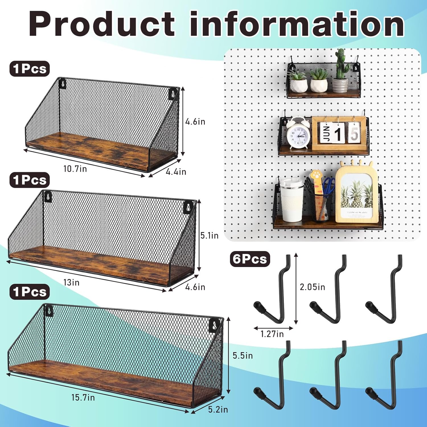 3 Pack Pegboard Shelves with Hooks Wall Mounted Grid Shelves Tool Organizer Storage Brackets Pegboard Displaying Accessories for Kitchen Bathroom and Living Room Bedroom(Black)