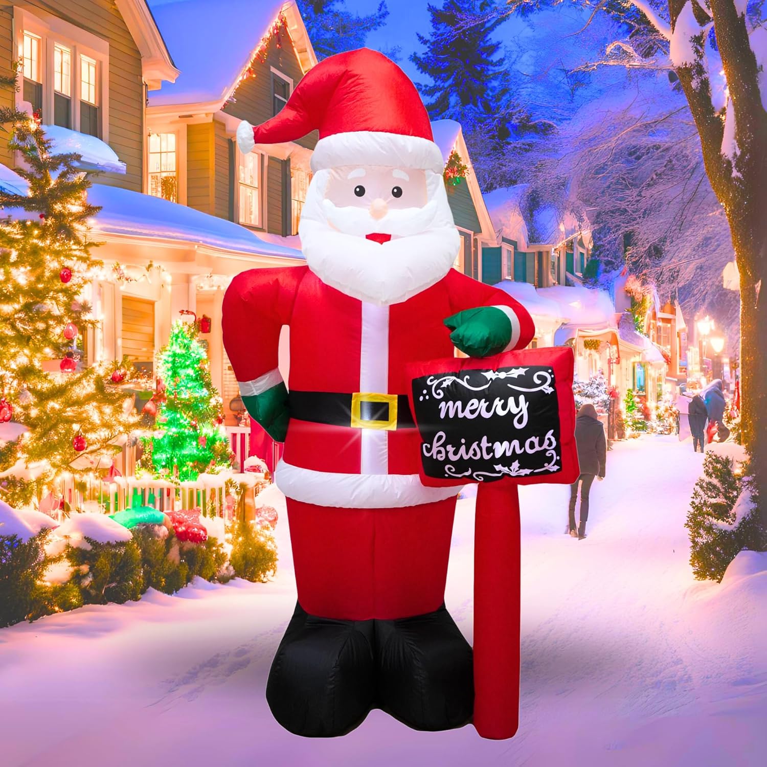 PTS 7FT Inflatable Santa with Sign Outdoor Decoration, Christmas Blow Up Yard Decorations, Built-in LED Lights Inflatables Xmas Holiday Funny Decor for Indoor Lawn Garden