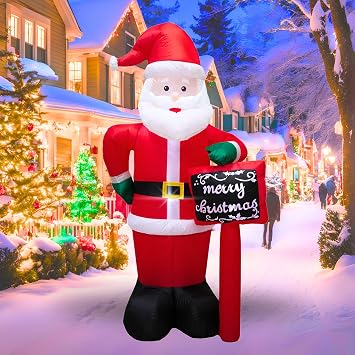 PTS 7FT Inflatable Santa with Sign Outdoor Decoration, Christmas Blow Up Yard Decorations, Built-in LED Lights Inflatables Xmas Holiday Funny Decor for Indoor Lawn Garden