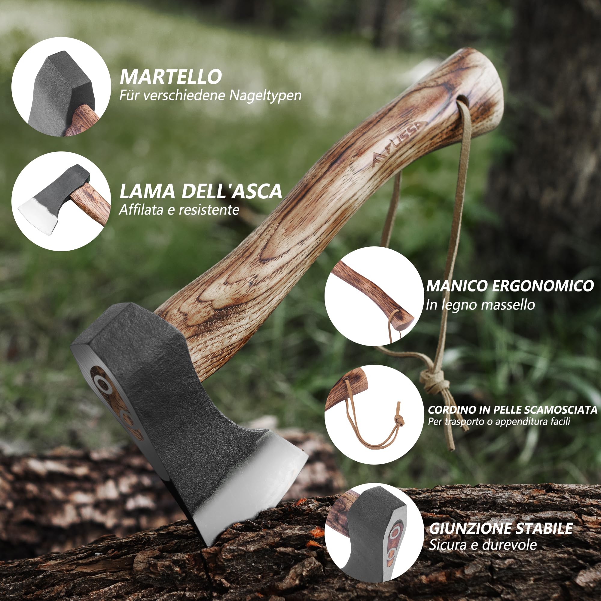 FLISSA Ascia Outdoor Con Manico In Legno E Fodero In Pelle, 690 G – Ascia Compatta Da Campeggio Da 310 Mm Per Giardinaggio, Escursionismo E Outdoor