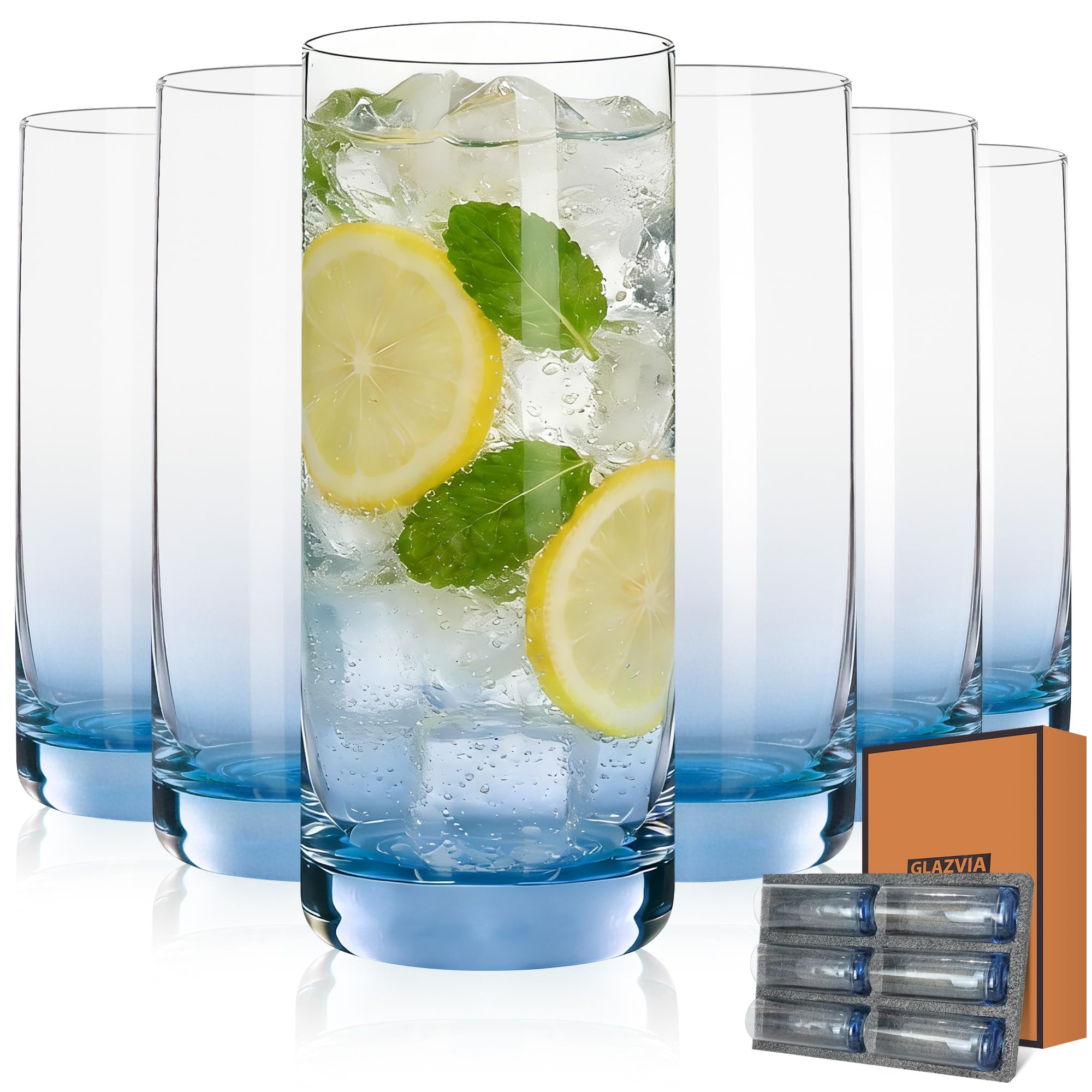 GLAZVIA Blue Highball Glasses Set of 6, Drinking Glass for Mixed Drink