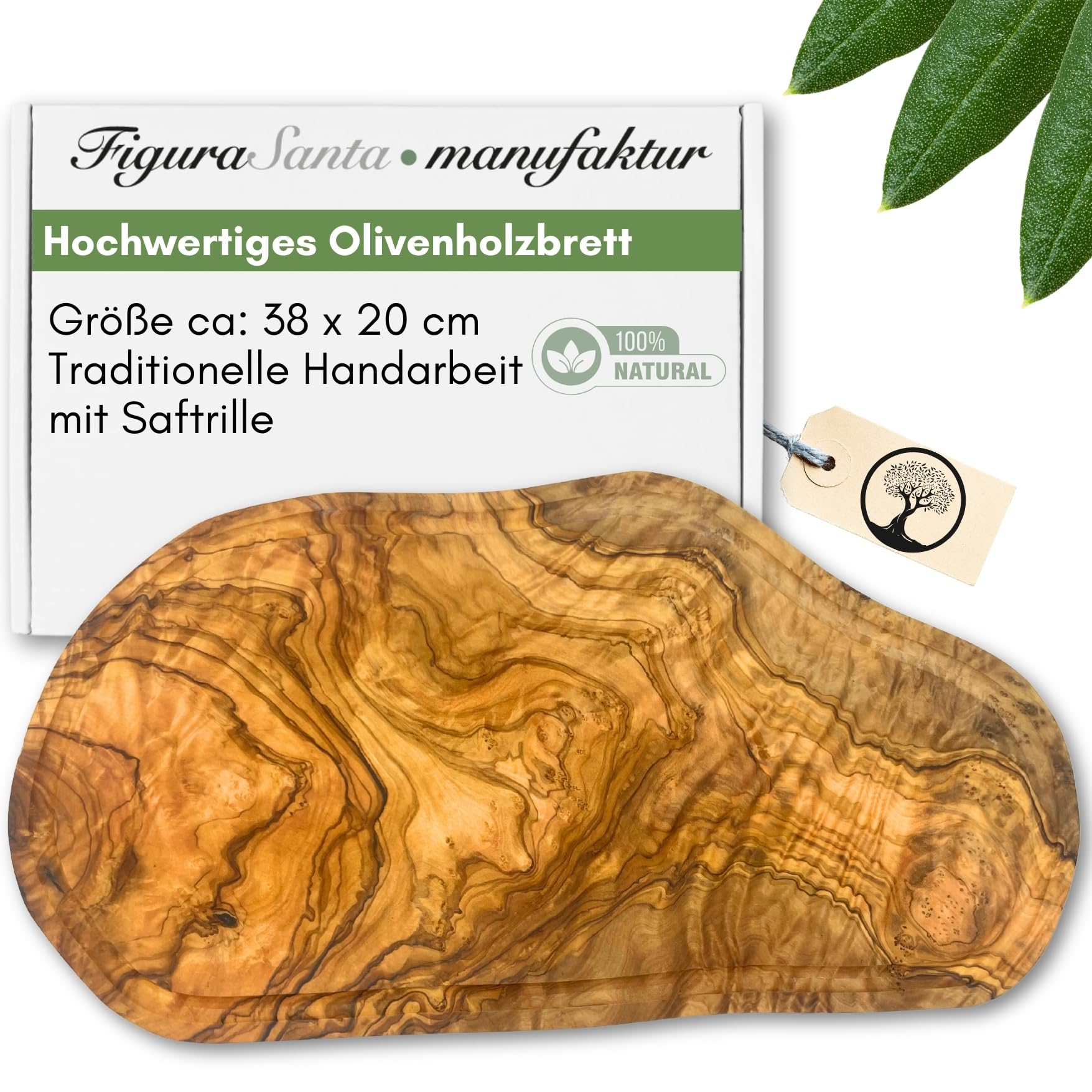Schneidebrett aus 100% Olivenholz - massives Olivenholzbrett antibakteriell - Steakbrett Holz mit Saftrille - alternative zu Schneidebrett Kunststoff (40-44cm)