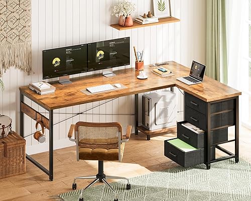 Miniatura 2 de ODK Escritorio en forma de L de 61'' con 4 cajones, escritorio esquinero reversible con almacenamiento, mesa de juegos con tomas de corriente,