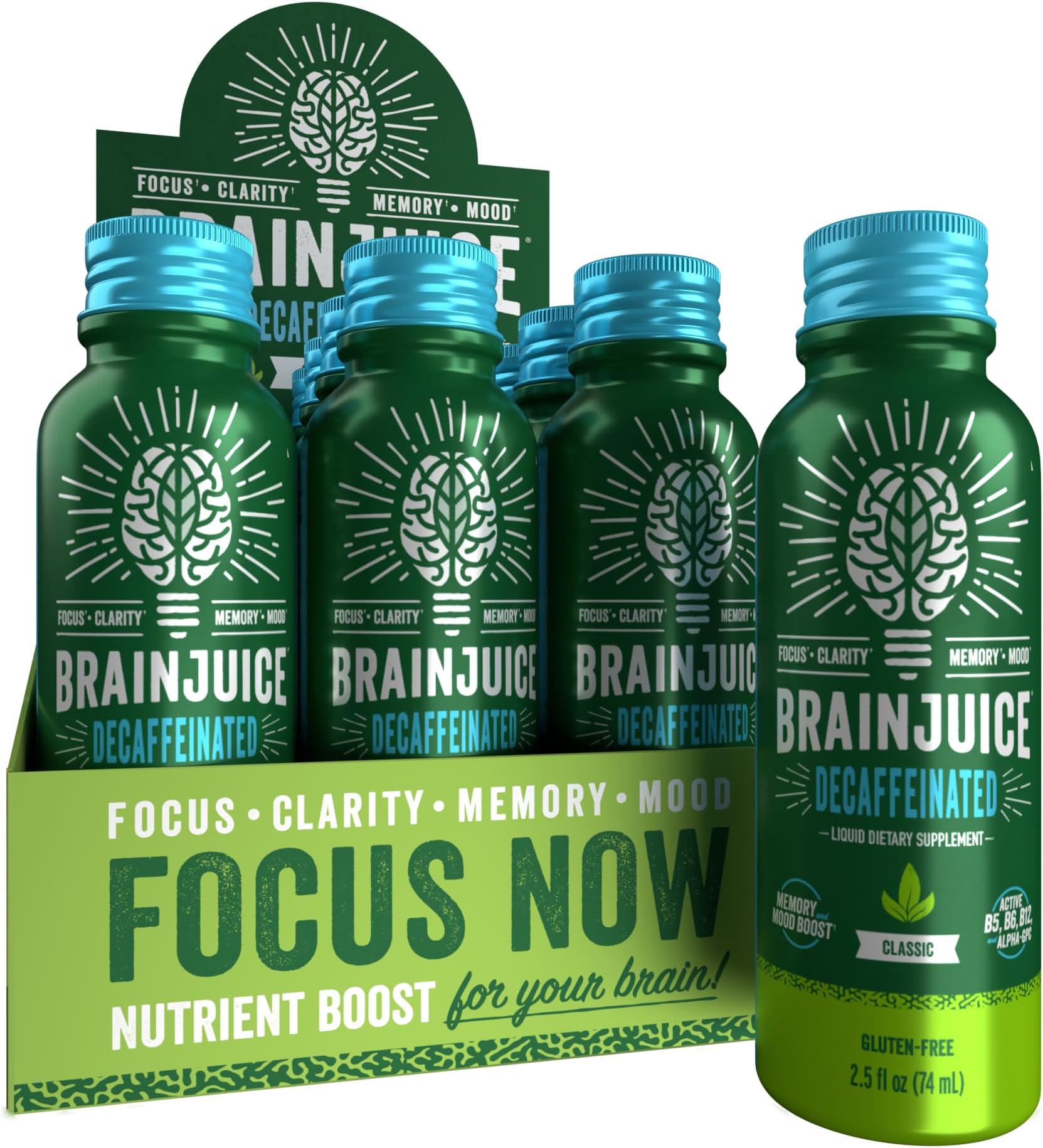BrainJuice Decaf Brain Support Shot, Gluten Free Supplement Shots for Energy & Focus, Healthy Drinks with Alpha GPC, Vitamin B & Decaffeinated Green Tea Leaf, Classic, 2.5 fl oz, 12 Pack
