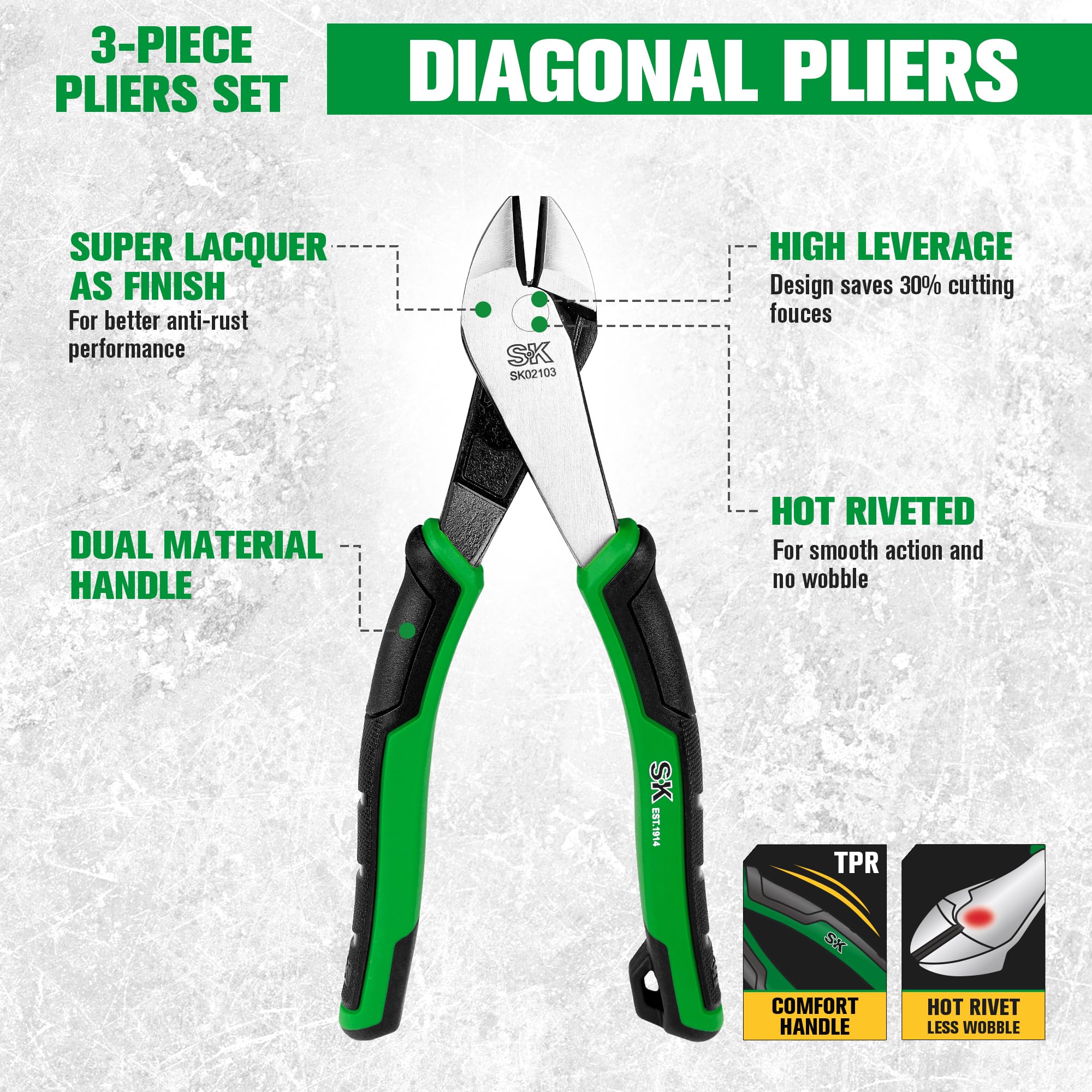 SK Juego de alicates de 3 piezas, alicates Linesman de 9.5 pulgadas, alicates diagonales de 8 pulgadas, alicates de punta larga de 8 pulgadas, construcción CR-V premium, mango ergonómico
