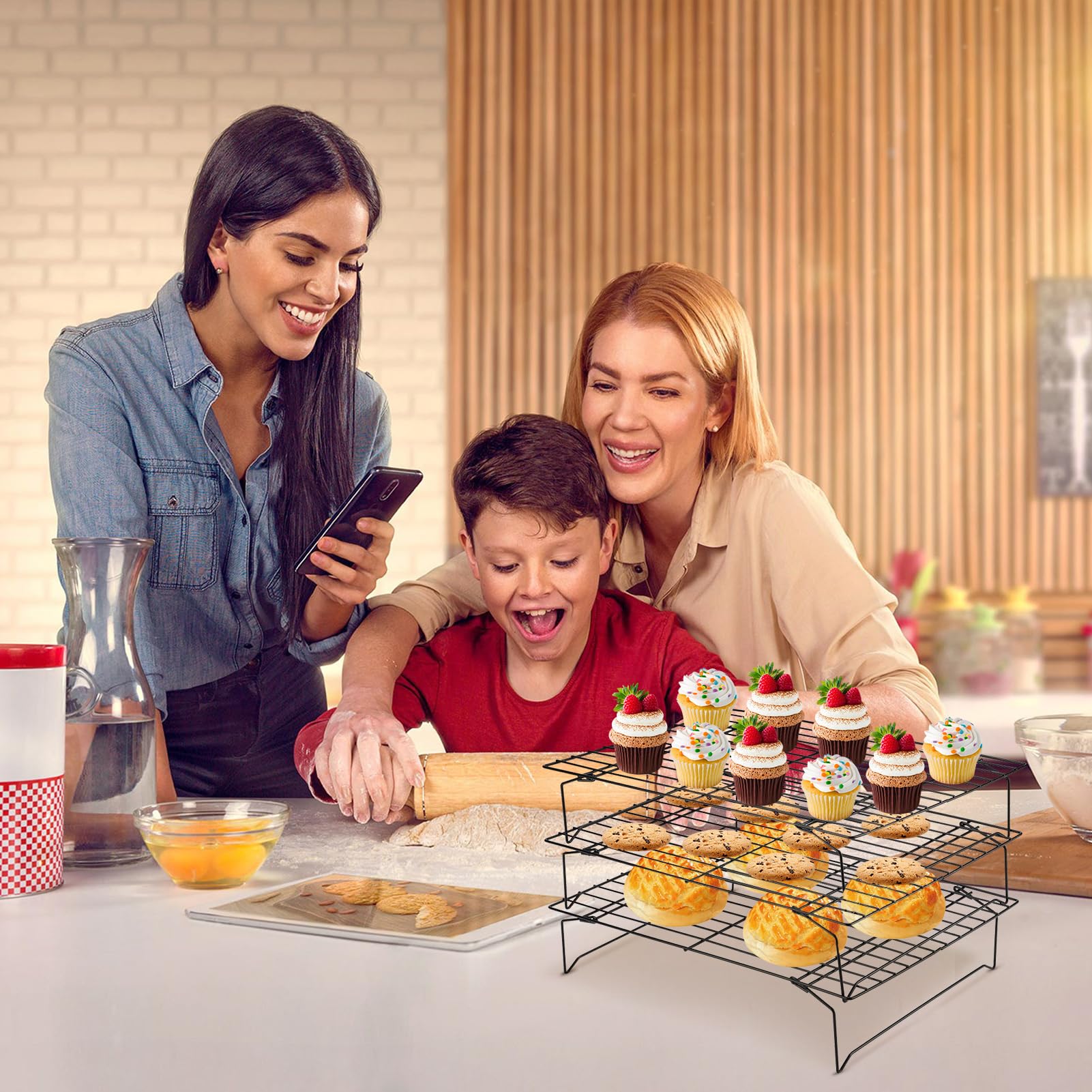 Carbon Steel 3 Tier Cooling Rack, Stackable No Stick Baking Cooking Cooling Racks for Cookies, Cakes and Baking Cooling