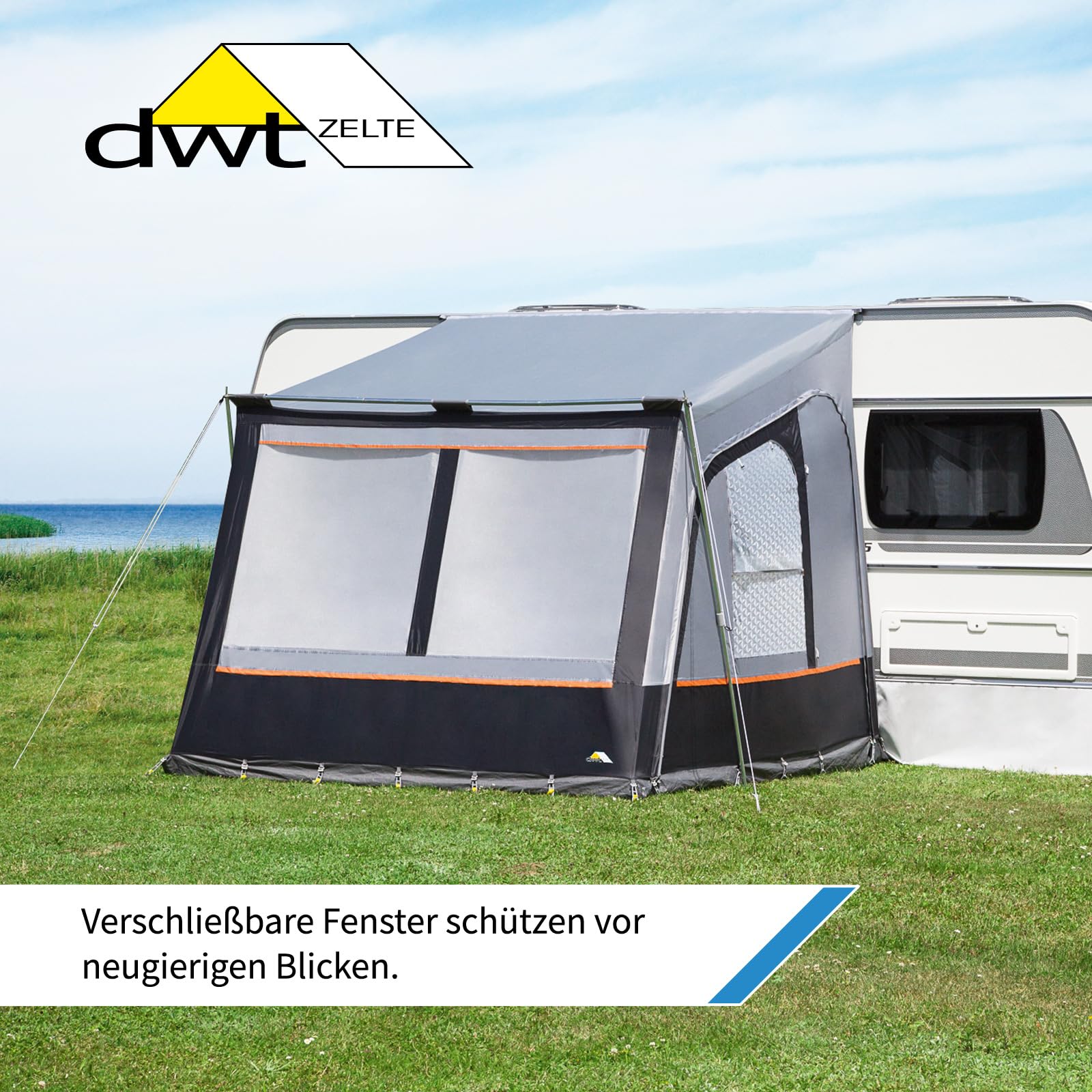 DWT Wohnwagen Vorzelt Fortuna II - 250 x 280 cm - Reisezelt grau mit Abspannmaterial und Tragetasche