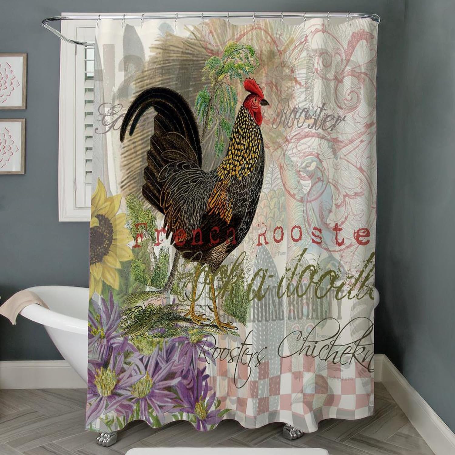 CafePress French Rooster Crowing Vintage Country Shower Curt Decorative Fabric Shower Curtain